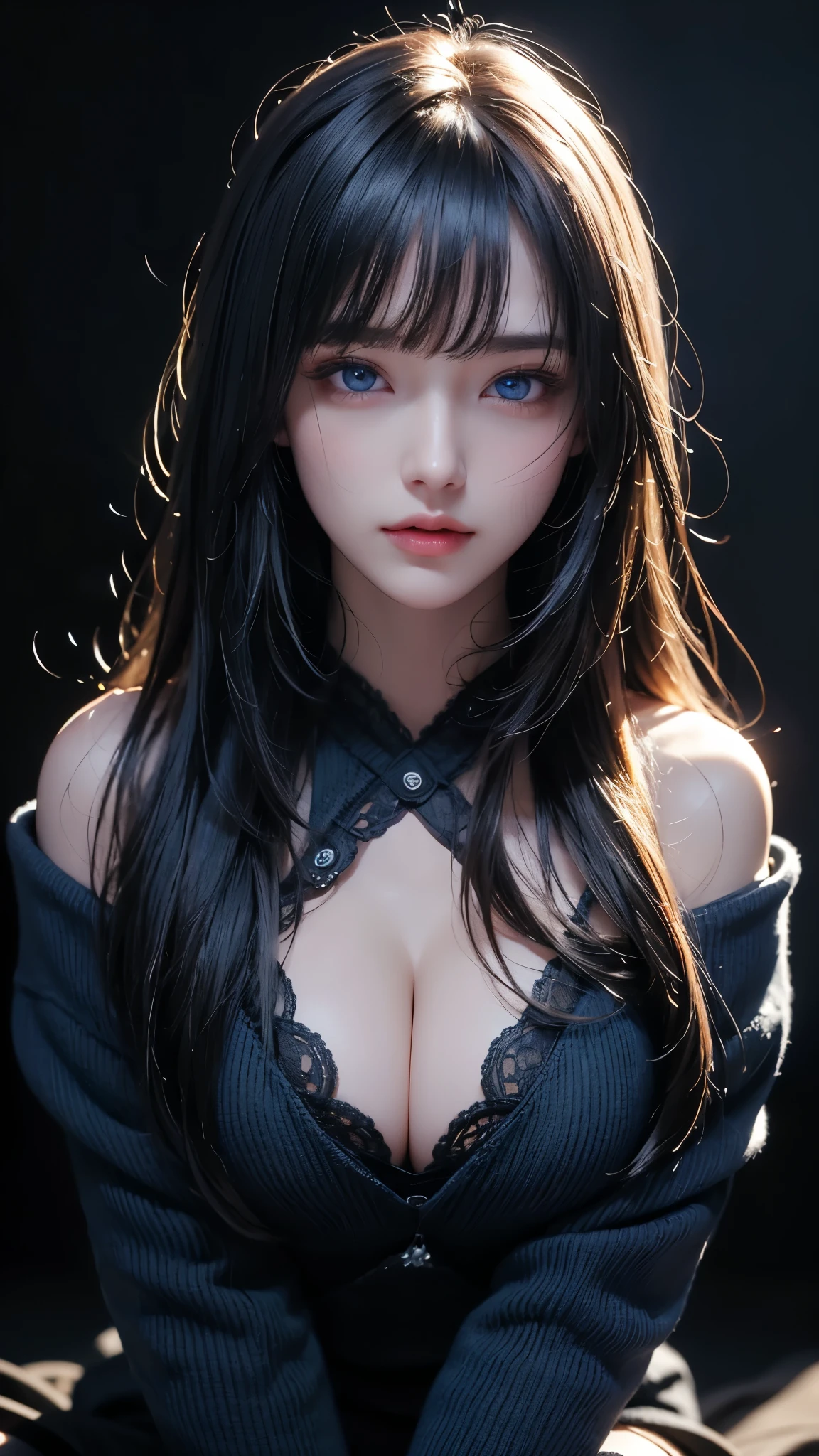 masterpiece, highest quality, Super detailed, Facing the camera, 複雑に詳細なSuper detailed, Realistic, Sharp features, Very detailed, Sharp focus, Perfect Face, Perfect Face, Perfect symmetrical perfect eyes, Perfect Plump Lips, Flexible female form, Cinematic, Film Light, Super detailed, hyper Realistic, masterpiece, Atmospheric, High resolution, Vibrant, Dynamic Studio Lighting, ((Dark Background)), The expression when receiving pleasure, Straight bangs, blue eyes,Black sweater, Cowboy Shot,The cleavage is visible