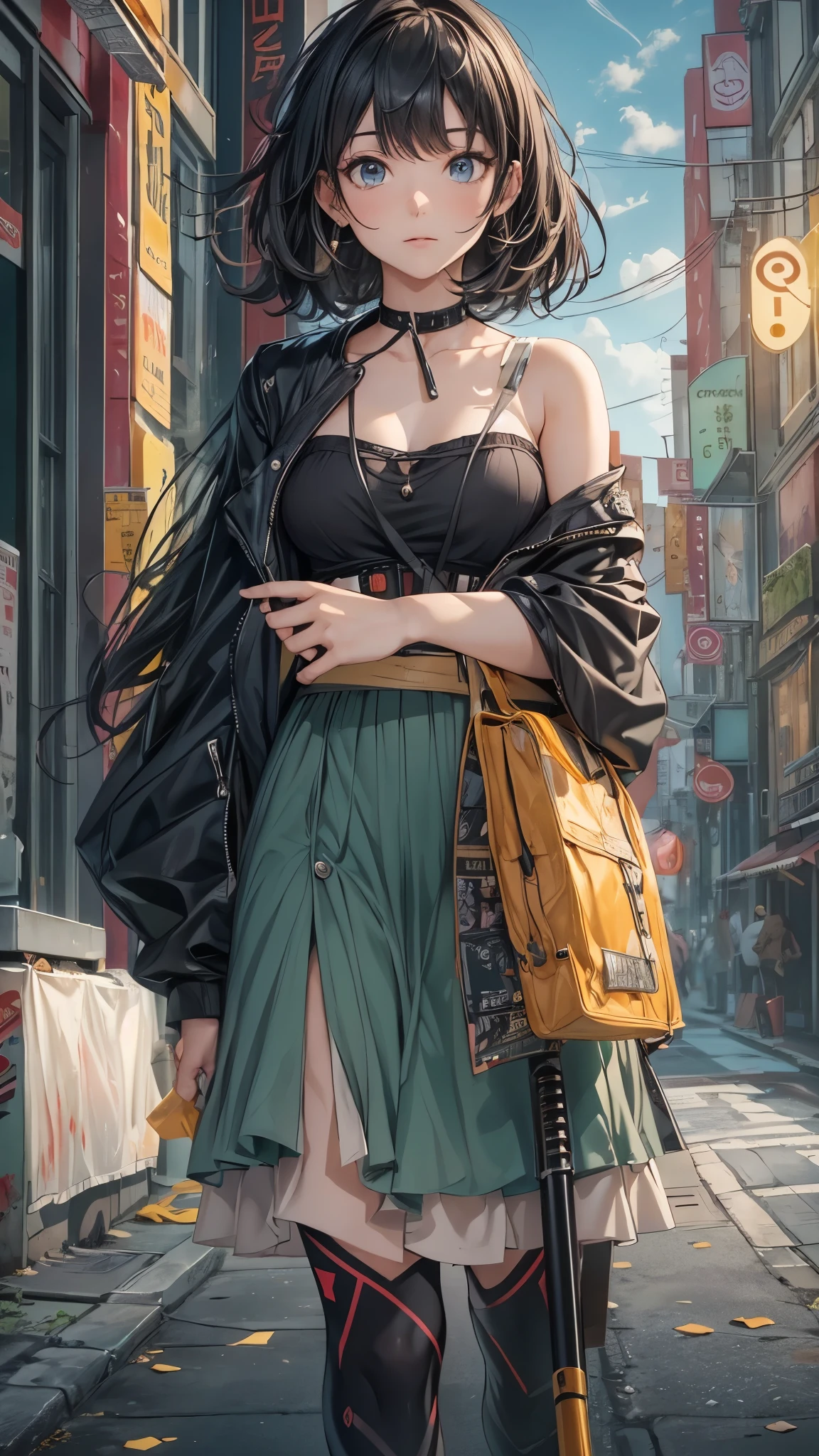 (Super detailed, realistic), streets scene, [Moderately:Oil], [Professional:1.1], [Physically based rendering], [bright colors], [sharp focus], [studio lighting], [extreme details], [highest quality,4k,8K,High resolution,masterpiece:1.2],(detailed face),outside the streets,((One 18-year-old woman)),(short black hair),(dark), [nervous eyes],(casual ladies fashion,off shoulder,maxi length skirt,socks,pamps),(she walks on crutches)