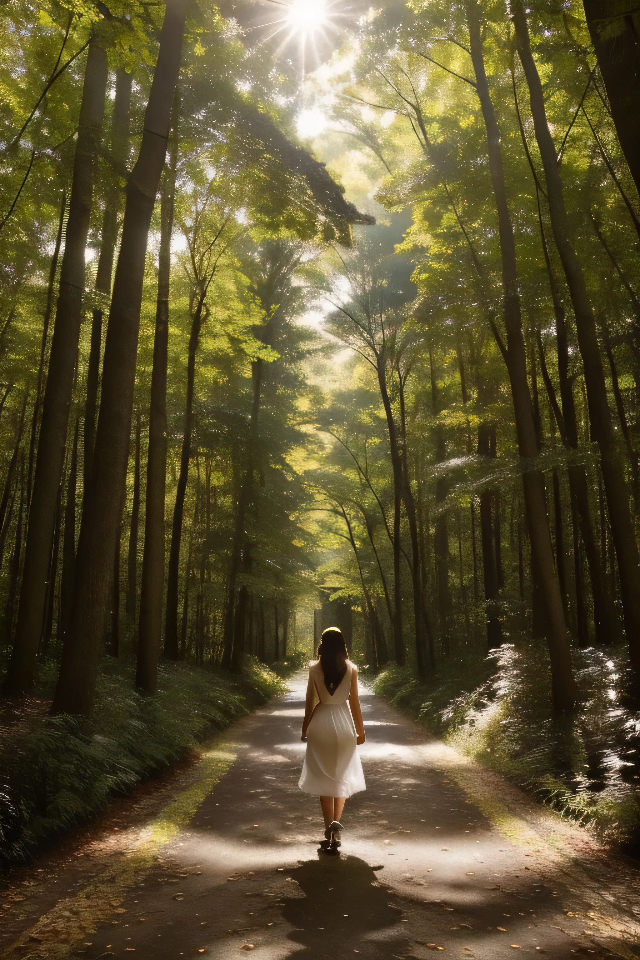 Beautiful woman walking in the woods, Tall trees lined up along the sidewalk々Basking in the warm sunlight filtering through the canopy of leaves. The sunlight reflected dappled patterns on her white skin.。 A woman's long golden curly hair cascading down her shoulders, Highlighting her delicate features、Enhance your radiant smile. She is wearing a simple but elegant sundress., The hem flutters gently in the breeze. In her hands, She is carrying a bouquet of wildflowers that she picked from a nearby garden., (Full body portrait:1.4),