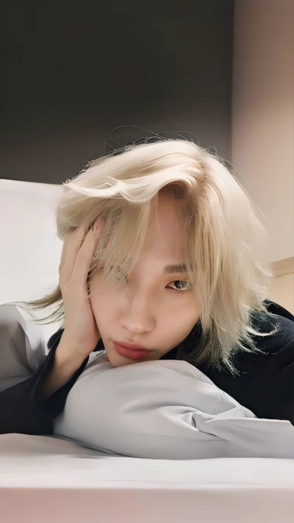 arafed woman laying on a bed with her head on her hands, xqc, kim doyoung, cai xukun, hyung tae, jimin, jung jaehyun, sun yunjoo, jinyoung shin, with white long hair, with short hair, with long white hair, steven jung, taken in the early 2020s, leaked image, tumblr