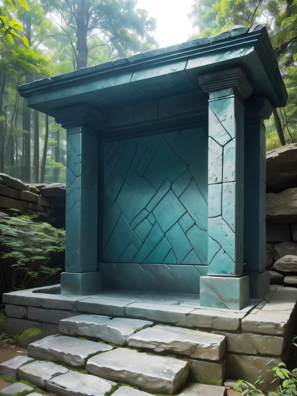 (((SCREEN MATERIAL UNRECOGNIZABLE AQUA METALLIC SOLID ROCK COLOR))))(Imagine a device carved in stone and wood situated in a natural environment, like a computer from 500 B.C.) (Including a complex system of visible gears as part of its mechanism) (With a screen elaborated from an engraved stone slab, integrated into the structure) (Stone block keyboard with ancient inscriptions) (The presence of natural elements and vegetation around the device) (Located in a natural setting, such as a forest clearing or next to a waterfall) (Incorporates engraved texts on the structure suggesting its antiquity) (Artistic details reflecting the aesthetics of the era)