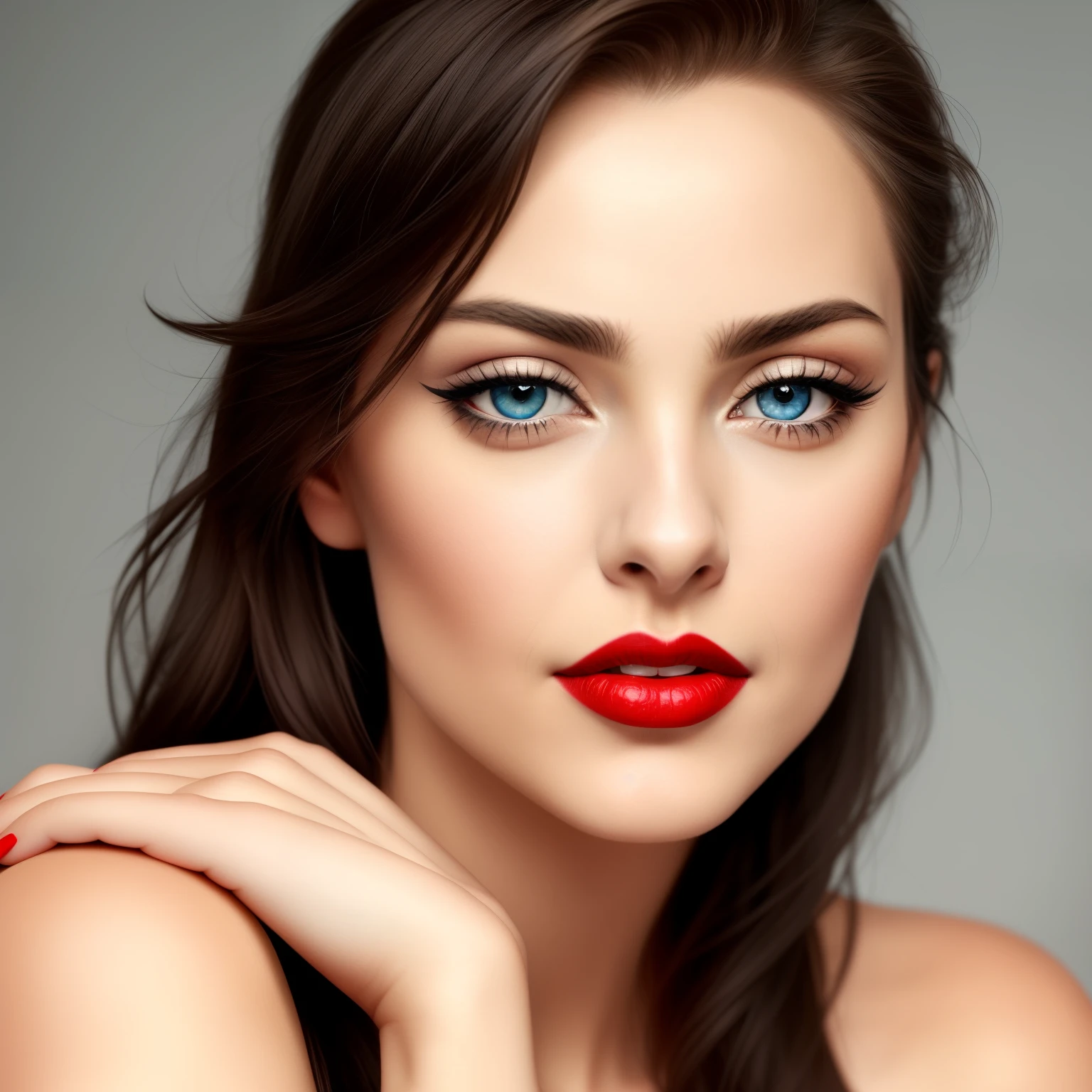A stunning, intimate close-up portrait of (Famous Celebrity: 1.5), capturing the raw emotion and captivating beauty of her face. The image is meticulously crafted in a high-resolution, ultra-realistic style (Realism: 1.8), showcasing every precise detail of her striking features. The focus is sharp, accentuating her expressive blue eyes, smooth, luminous skin, and iconic red lipstick (Lipstick: 1.4). The image is tastefully edited, ensuring both the authenticity and the sublime beauty of the subject are emphasized. This masterpiece is presented in 8k quality