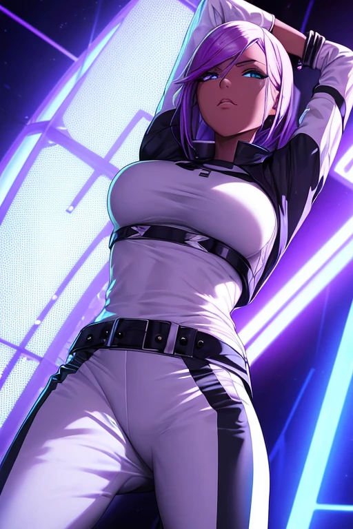 A futuristic android woman with sleek metallic skin and minimal clothing, posing seductively in a neon-lit room.
As the moonless night enveloped the stage, a stunning woman took the mic and began to rap. The moonlight reflected off her silhouette, adding an ethereal glow to her performance. Her baggy Dickies pants and white t-shirt were the perfect contrast to her fierce rhymes. And the black bandana tied around her waist completed her look as the ultimate homie chika gang rapper.