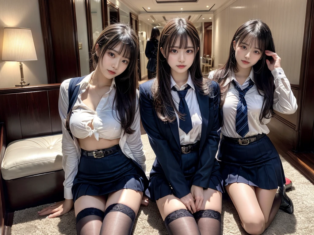 muster piece, best quality, illustration, Super detailed, fine details, High resolution, 8K,wall paper, perfect dynamic composition,(Details High quality, realistic depiction of eyes:1.3), ((2 girls, 2 schoolgirls)), The background is a luxury hotel room、High school girl uniform、blazer 、Super Short Check Uniform Skirt、Navy blue high socks、garterbelts、Colossal tits、Disturbed uniform, Play with each other,Touching each other's bodies,Touching the body of the girl next door, short bob hair, black hair color, huge breasts, Big Natural Color Lip, bold sexy pose, (perfect body shape), crying a little、cold gaze, Beautiful makeup,glitter makeup,Cutest 18 years old, beautiful legs, hposing Gravure Idol, Voluptuous thighs