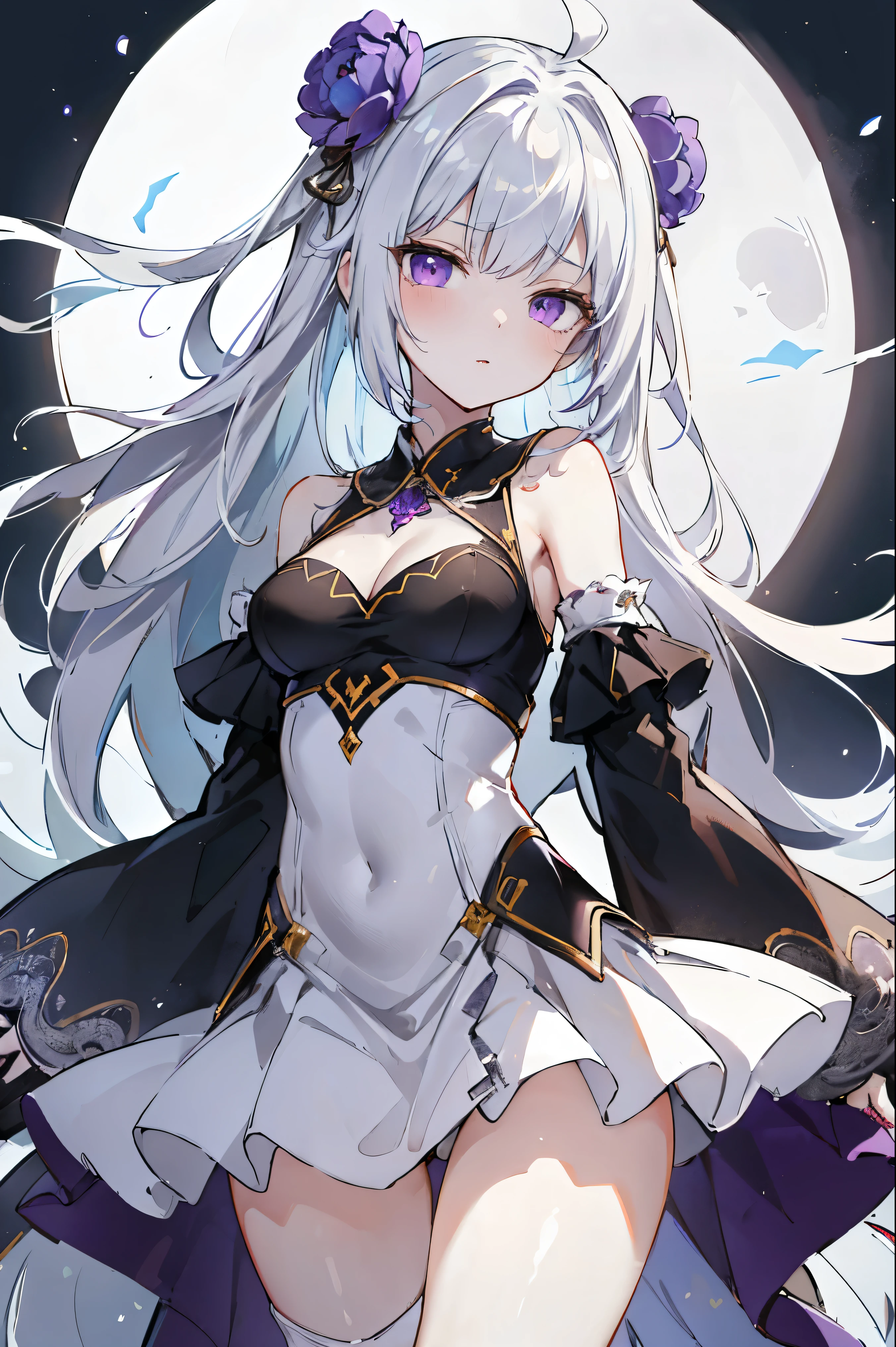 1girl, anime, cute girl, blank background, white background, fantasy, detailed fantasy dress with highlights, beautiful face, beautiful eyes, dark colors, black hair with multicolor streaks, red eye with different color pupil in eye, multicolor eye, medium breasts, slight cleavage, beautiful skin, cute, breast curtains, extremely delicate and beautiful, (beautiful detailed face:1.0), (detailed deep eyes), symmetrical breasts, deep eyes, shiny skin, portrait, slender waist, hips wider than shoulders, thighs, expressionless, young girl, luminous eyes, adorable,(Kpop idol),(aegyo sal:1),(Platinum blonde hair:1),((puffy eye)),Black panty,sexy posture,Superskirt, Ultra-high resolution,Black collar,slim figure, Abdominal y tattoo, womb tattoo,Tight-fitting leg ring,y tattoo on half-body,Bare skin, Armored hand,Hidden fingertips,Hand covered,Arm covered,Fist covered,{{beautiful detailed fingers}}, tufts of hair, moderate beautiful breast:1.0,(masterpiece:1.2), best quality, high-res, HDR, perfect face, intricate armor, delicate blue filigree, intricate filigree, red metalic parts, detailed part, dynamic pose, dynamic lights, cute face, neutral expression, shuimobysim, lotus, hanfu, maxi skirt, dress conservatively 1girl, solo, long blue hair, standing, One lady,14years,((White hair) ,((Normal breasts)), (Shiny purple bodysuit with microskirt),((Fantasy, Moon Night))