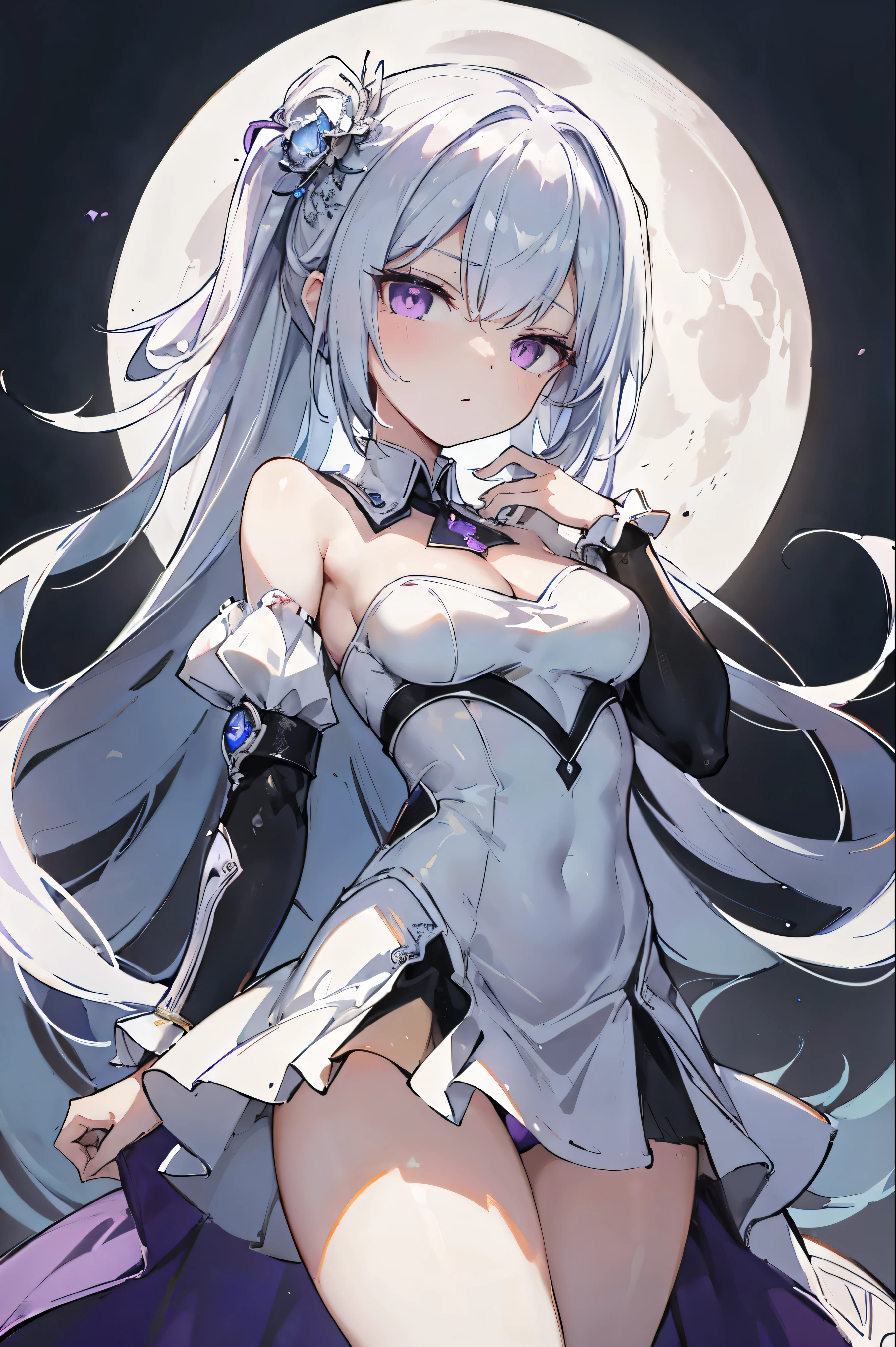 1girl, anime, cute girl, blank background, white background, fantasy, detailed fantasy dress with highlights, beautiful face, beautiful eyes, dark colors, black hair with multicolor streaks, red eye with different color pupil in eye, multicolor eye, medium breasts, slight cleavage, beautiful skin, cute, breast curtains, extremely delicate and beautiful, (beautiful detailed face:1.0), (detailed deep eyes), symmetrical breasts, deep eyes, shiny skin, portrait, slender waist, hips wider than shoulders, thighs, expressionless, young girl, luminous eyes, adorable,(Kpop idol),(aegyo sal:1),(Platinum blonde hair:1),((puffy eye)),Black panty,sexy posture,Superskirt, Ultra-high resolution,Black collar,slim figure, Abdominal y tattoo, womb tattoo,Tight-fitting leg ring,y tattoo on half-body,Bare skin, Armored hand,Hidden fingertips,Hand covered,Arm covered,Fist covered,{{beautiful detailed fingers}}, tufts of hair, moderate beautiful breast:1.0,(masterpiece:1.2), best quality, high-res, HDR, perfect face, intricate armor, delicate blue filigree, intricate filigree, red metalic parts, detailed part, dynamic pose, dynamic lights, cute face, neutral expression, shuimobysim, lotus, hanfu, maxi skirt, dress conservatively 1girl, solo, long blue hair, standing, One lady,14years,((White hair) ,((Normal breasts)), (Shiny purple bodysuit with microskirt),((Fantasy, Moon Night))