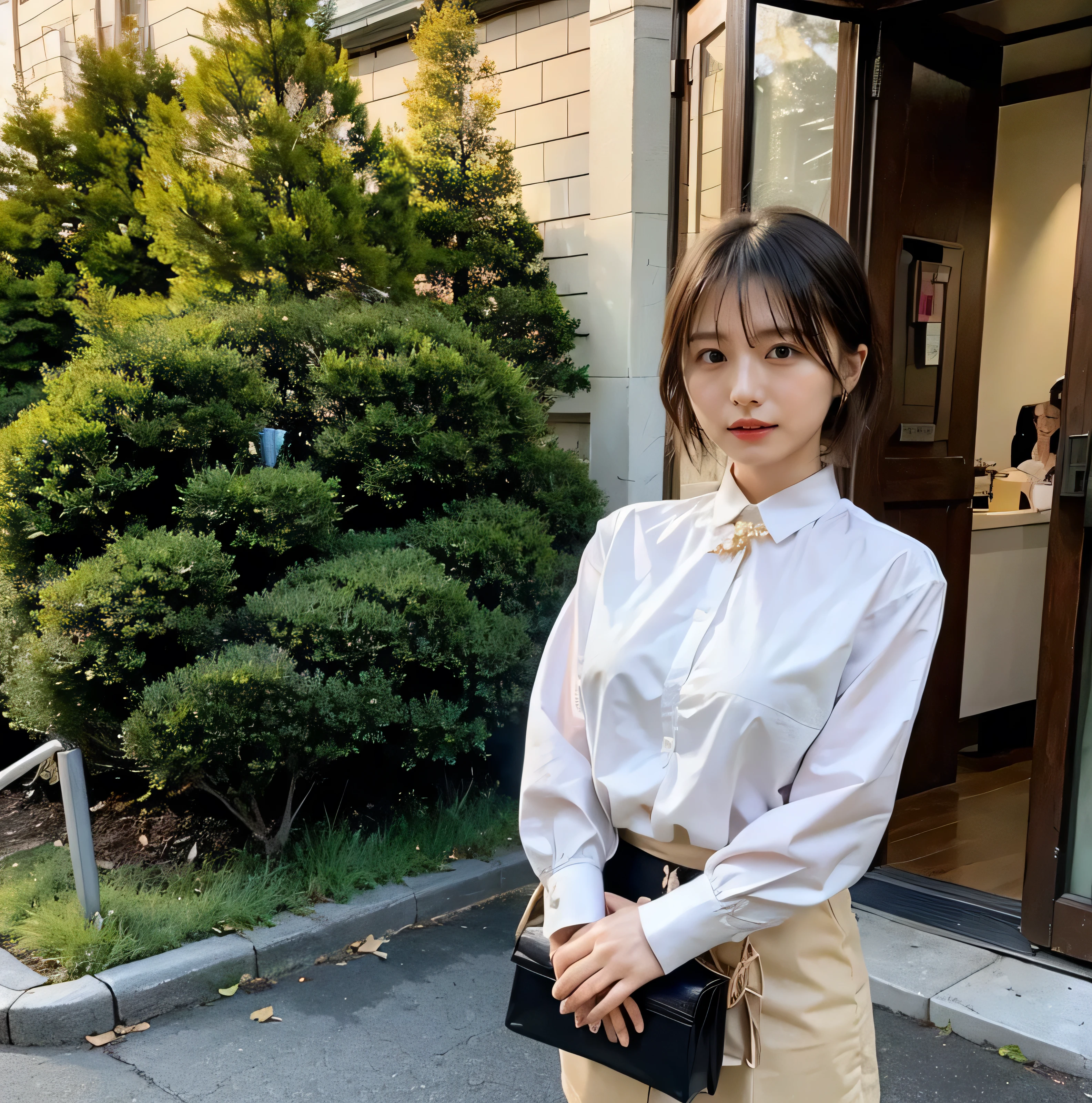 teeth grinding、{{Cowgirl Shot}}、((Close-up shot from the waist up、Big Breasts:1.4))、Swollen breasts、Big Breasts、Smile、Silk clothing、Big Breasts that can be seen even through clothes、Braided hair only for the bangs、Cowboy Shot、A luxurious white collared silk shirt and brown skirt、Elegant attire、A luxurious bag、In front of a stylish cafe with illuminations、A lovely smile、((Nagoya street corner))、Full body photo、ring、Luxurious clothing、Short skirt、Tuck your hair behind one ear、Silver Necklace、smile、 elegant ponytail、Caustics、Highly detailed photos、Very beautiful eyeedium Short Hair、Large Breasts、Super no makeup、(8k、RAW Photos、highest quality、masterpiece:1.2)、(Realistic、Realistic)、1 girl、((Medium Short Hair、Looking into the camera:1.4))、Hair blowing in the wind