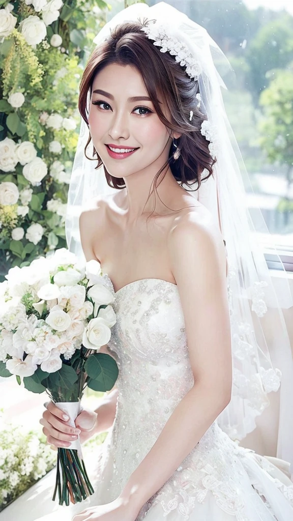 Fashion model 25 years old [[[[close up]]]], [[[[neck]]]], [[[[Shoulder]]]], Perfect eyes, Perfect iris，Perfect lips，Perfect Teeth，Perfect skin，White skin，Soft headlight，High-density imaging review，（Face is clear and delicate），((White Bride Wedding Dress))，((Smile))，((Background is indoor))，((There are green trees and flowers outside the window))，best quality，masterpiece，（Soft colors：1.2)