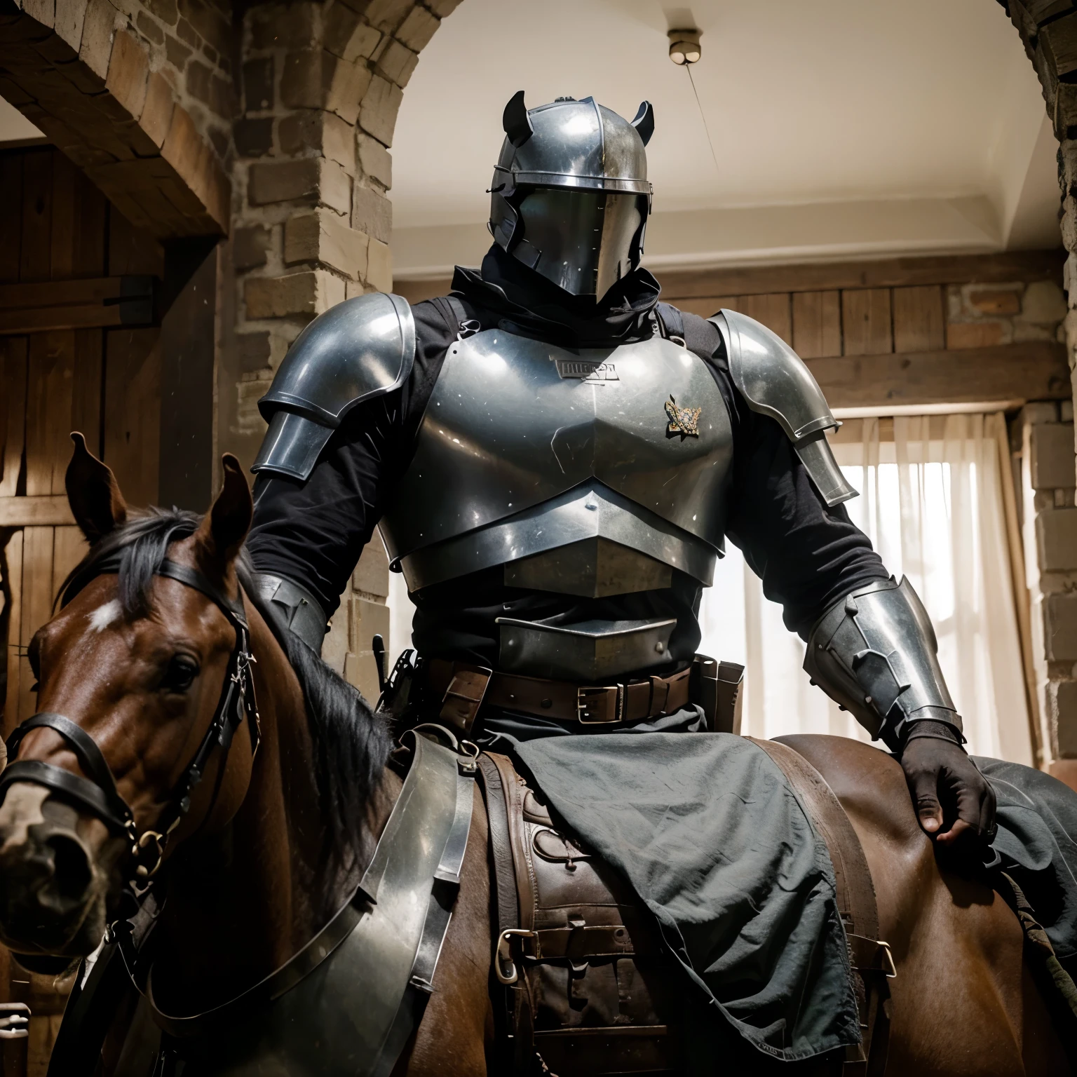 A big musclar fully armoured soldier having sword in his hand riding a horse in a 