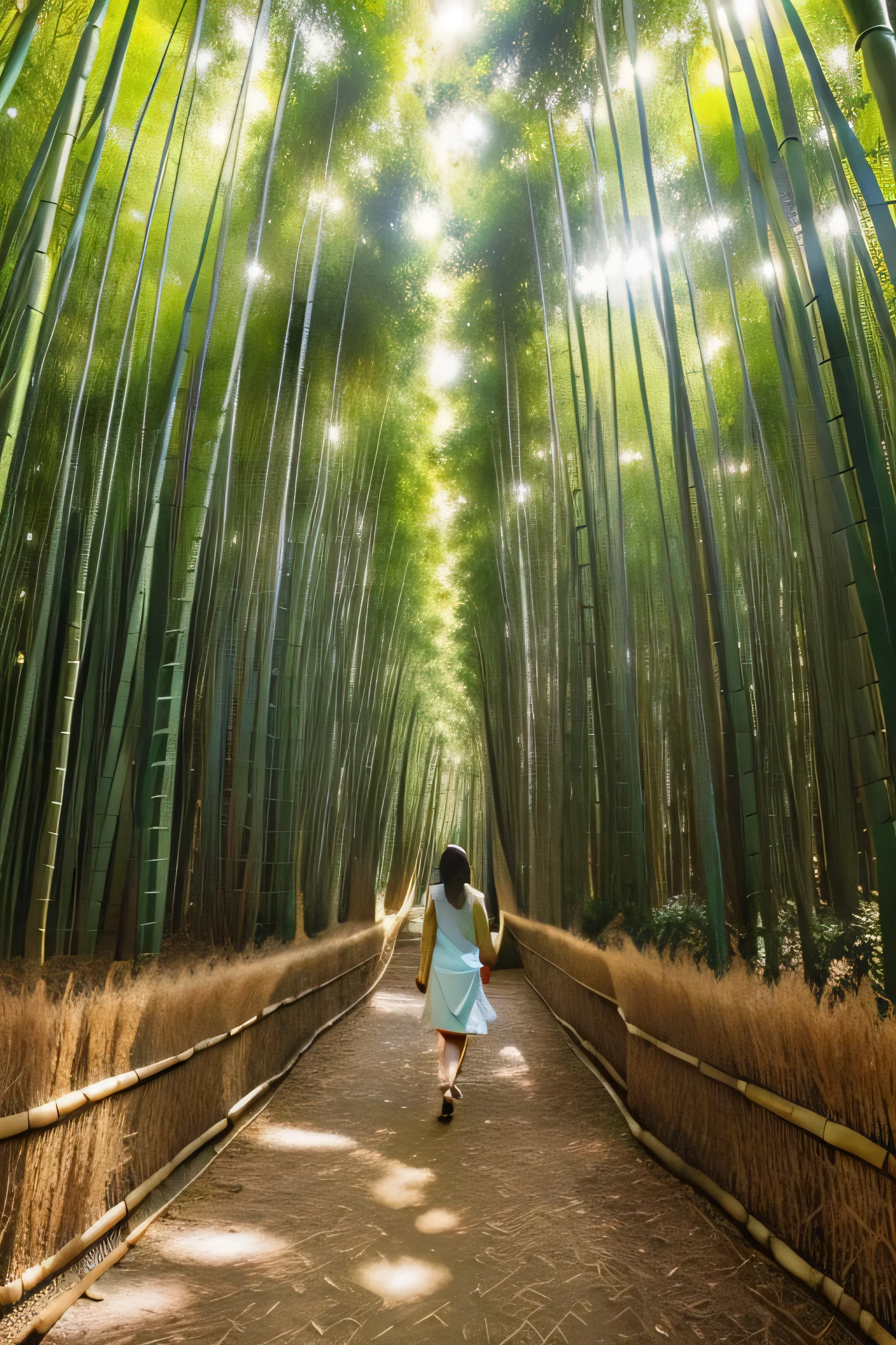 A beautiful woman is walking through a bamboo forest, Basking in the warm sunlight filtering through a canopy of tall bamboo leaves lining the walkway. The sunlight reflected dappled patterns on her white skin.。 A woman's long golden curly hair cascading down her shoulders, Highlighting her delicate features、Enhance your radiant smile. She is wearing a simple but elegant sundress., The hem flutters gently in the breeze. In her hands, She is carrying a bouquet of wildflowers that she picked from a nearby garden., (Full body portrait:1.4),