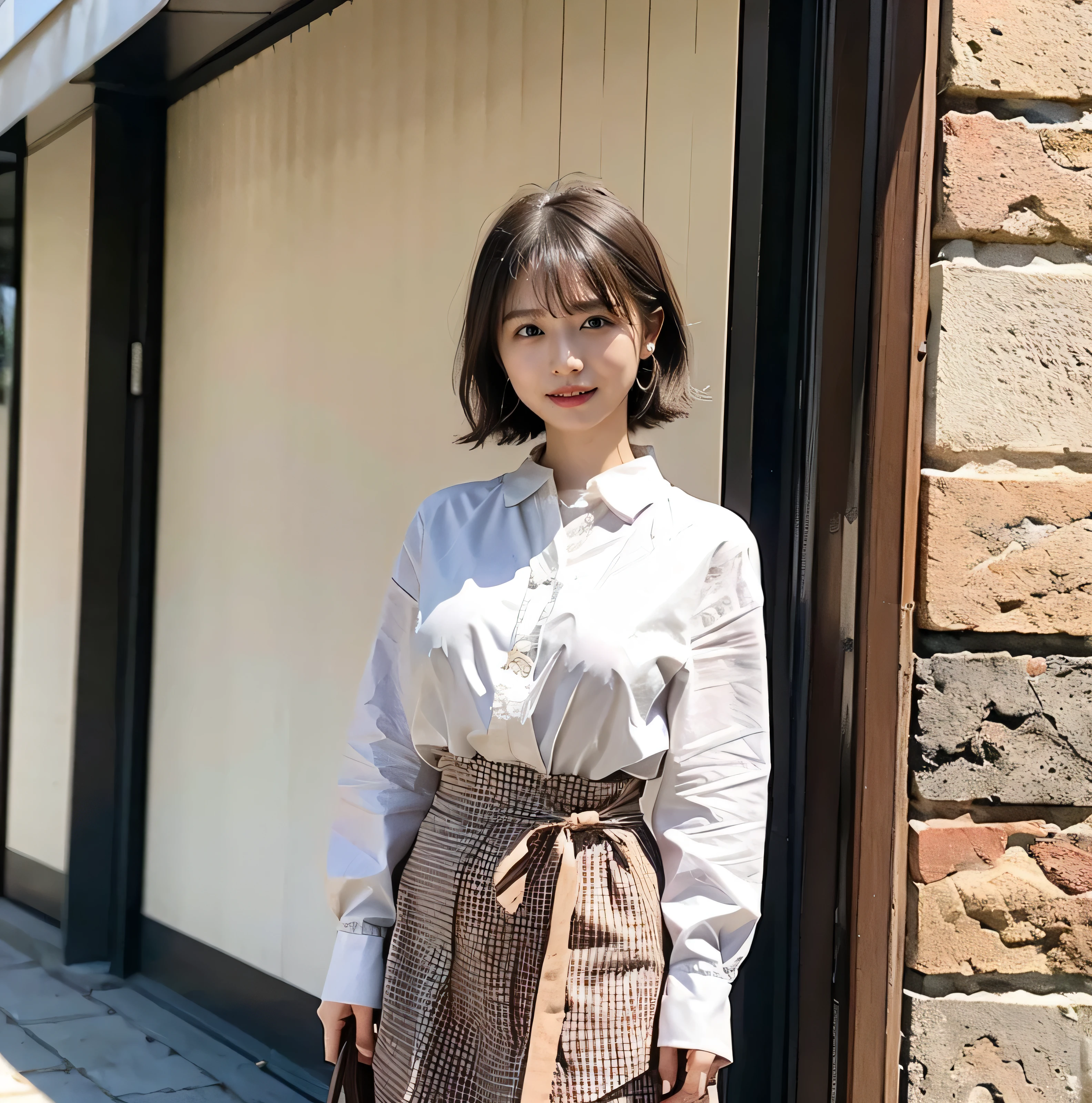 teeth grinding、｛｛Cowgirl Shot｝｝、（（Close-up shot from the waist up、Big Breasts:1.4））、Swollen breasts、Big Breasts、Smile、Silk clothing、Big Breasts that can be seen even through clothes、Braided hair only for the bangs、Cowboy Shot、A luxurious white collared silk shirt and brown skirt、Elegant attire、A luxurious bag、In front of a stylish cafe with illuminations、A lovely smile、（（Nagoya street corner））、Full body photo、ring、Luxurious clothing、Short skirt、Tuck your hair behind one ear、Silver Necklace、smile、 elegant ponytail、Caustics、Highly detailed photos、Very beautiful eyeedium Short Hair、Large Breasts、Super no makeup、(8k、RAW Photos、highest quality、masterpiece:1.2)、(Realistic、Realistic)、1 girl、((Medium Short Hair、Looking into the camera:1.4))、Hair blowing in the wind
