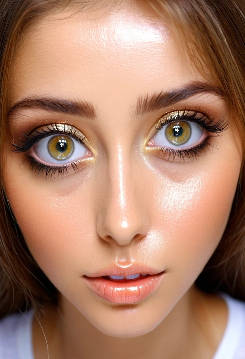 A very beautiful, shiny, oily girl with big eyes