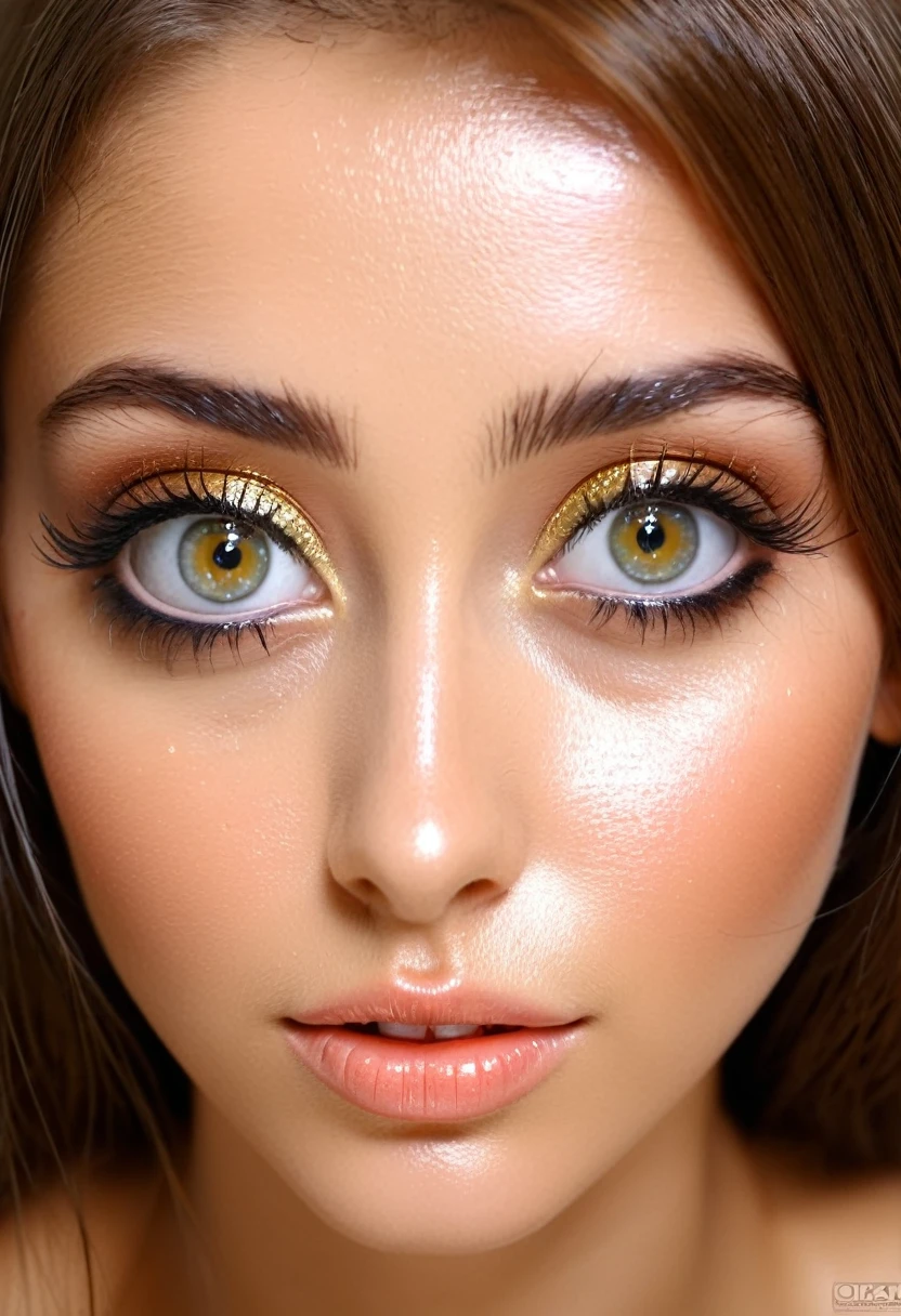 A very beautiful, shiny, oily girl with big eyes