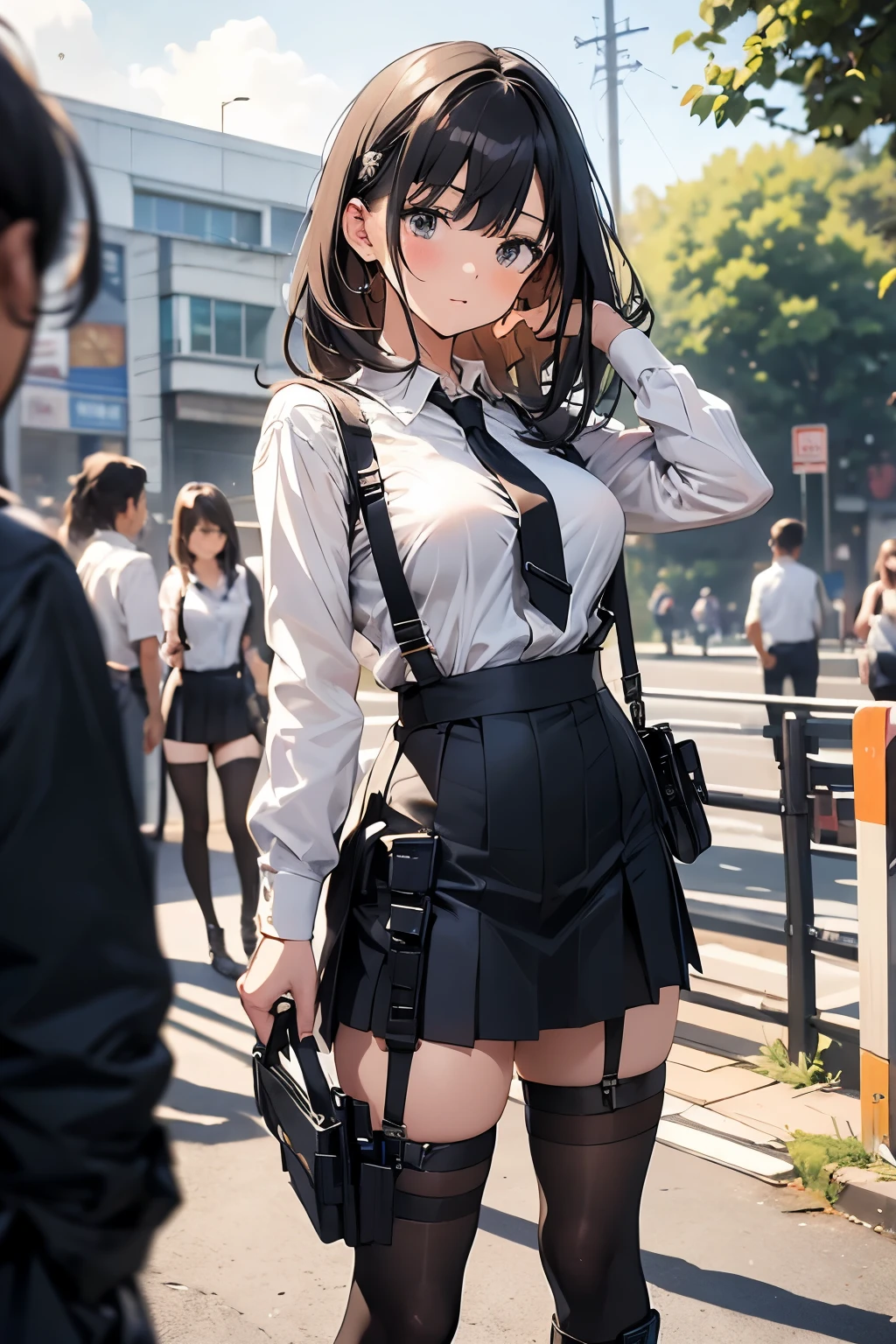 Copy prompt promptBrown hair、Staring at the audience Black suspenders bulging big breasts wall: Black mini skirt garter sight Small face Bans holster Beautiful woman Show your hand レッグholster ベッドに横たわる sight Black boots panty shot Taunt side side汗 I arm