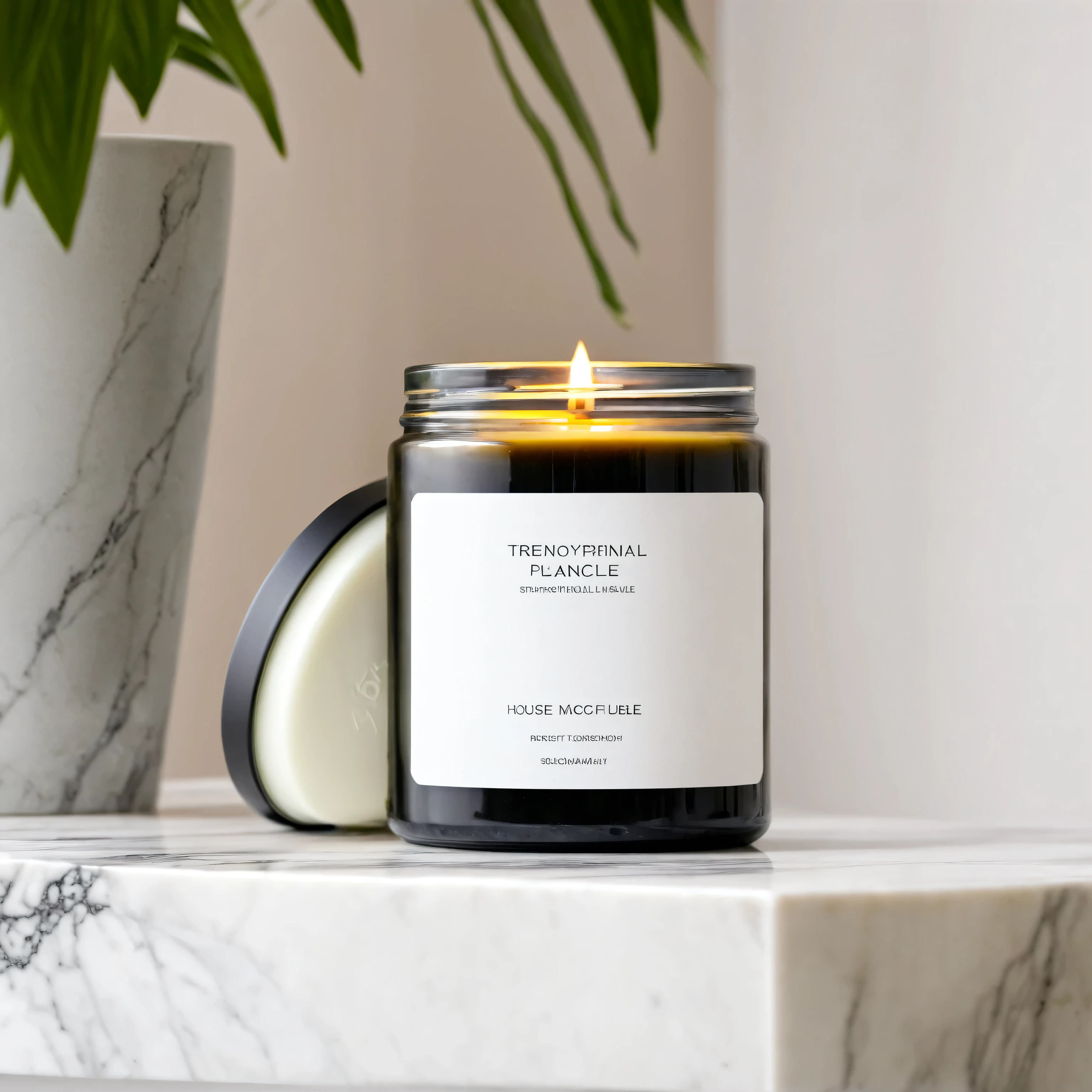 small candle in a jar with white label and black lid, standing on a marble table in contemporary style living room, house plants, daylight, professional, a7s camera, 50mm lens, macro, shallow depth of field