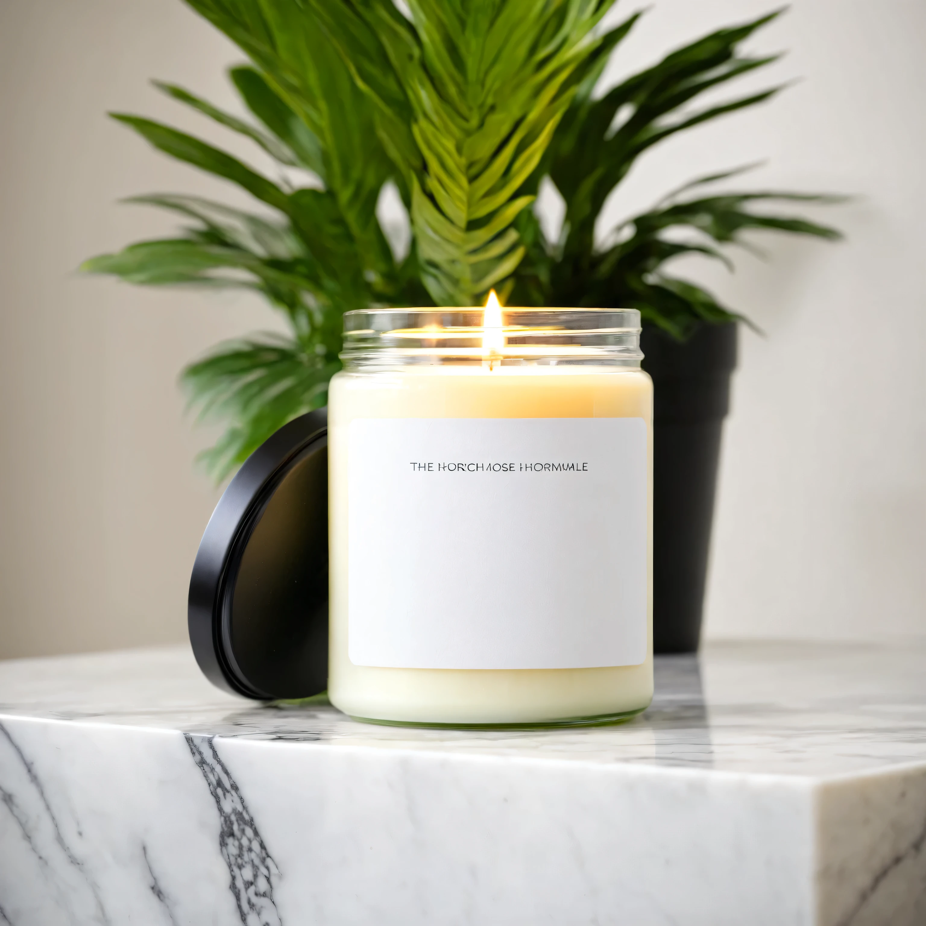 small candle in a jar with white label and black lid, standing on a marble table in contemporary style living room, house plants, daylight, professional, a7s camera, 50mm lens, macro, shallow depth of field