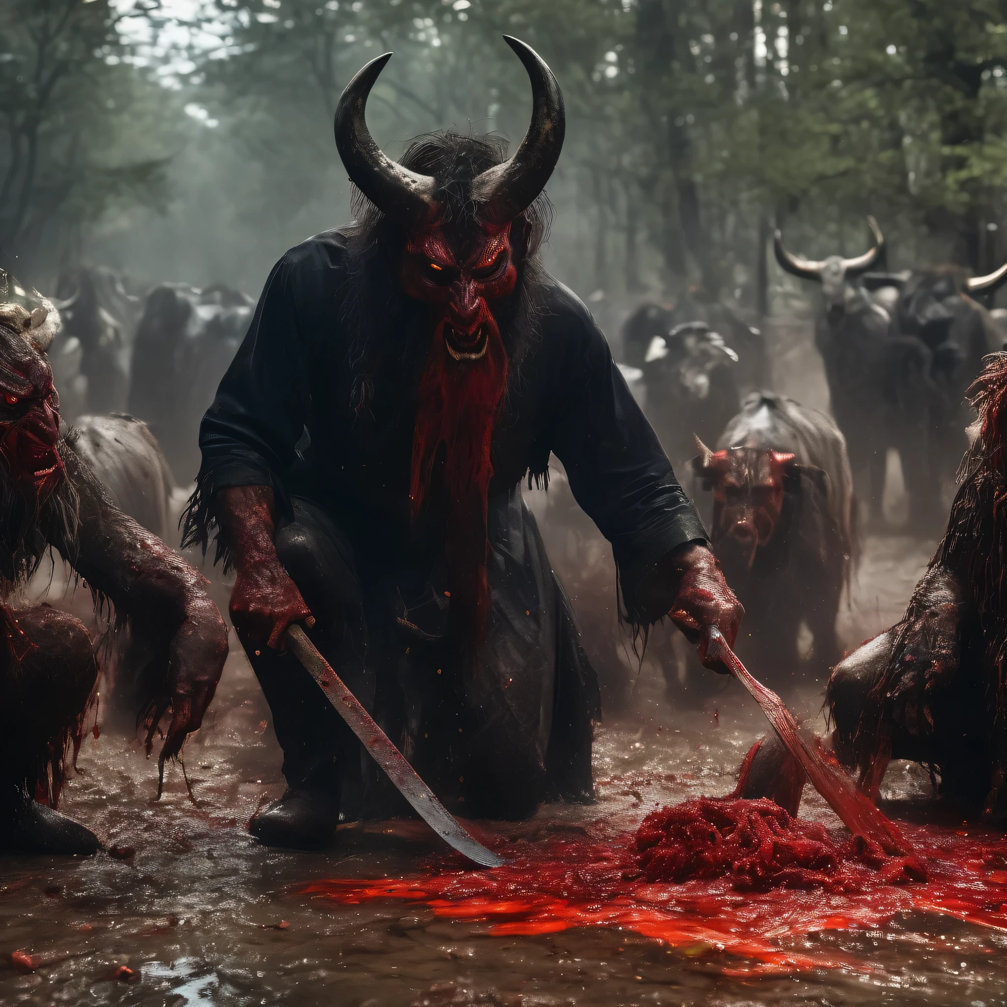 (masterpiece, best quality:1.2), demonic ritual, men cutting animal, UHD, HDR, 8k, ultra-wide angle, award winning
