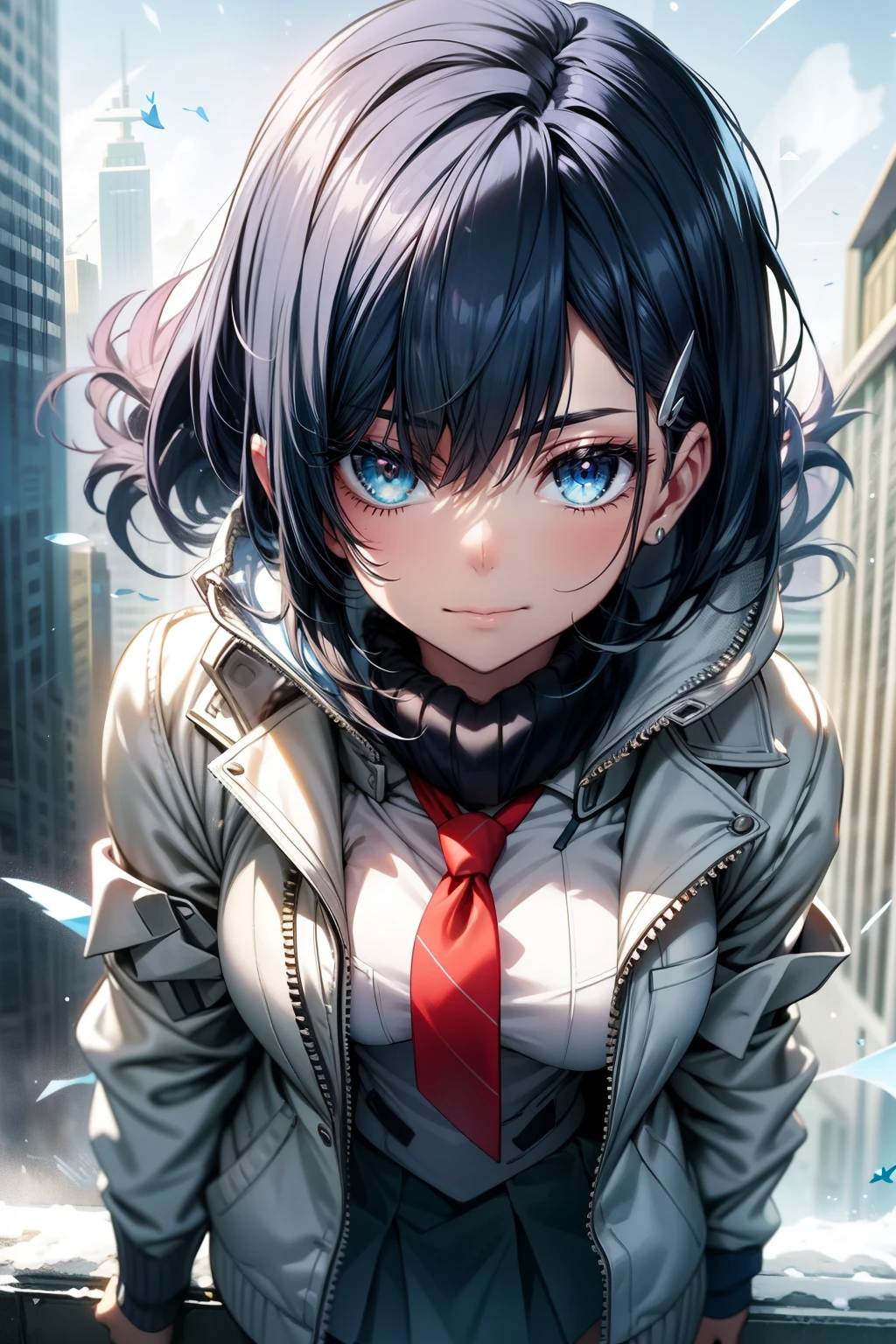 Best quality, beautiful face, detailed, perfect body, 
Girl, Green eyes, cute smile, short dark blue hair, cute Smile, white hair clip, small cute body, normal-sized cute breasts, white light jacket, blue butterfly tie, blue winter jacket, gray school skirt, city background , Ichigo from Darling in the Franxx 