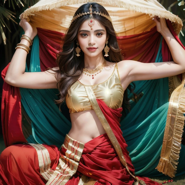 (Top quality, high resolution, accurate, masterpiece, 8k:1.5), (Realistic, Photorealistic:1.3), RAW photo, beautiful princess in indian red gold plated lahenga, necklace, jewelry, hair accessories, long weavy black heavy hair, light makeup, glass skin sleeping in the arms of a handsome king of dark complexion in a royal dhoti and no upper garment, ancient male jewelry.