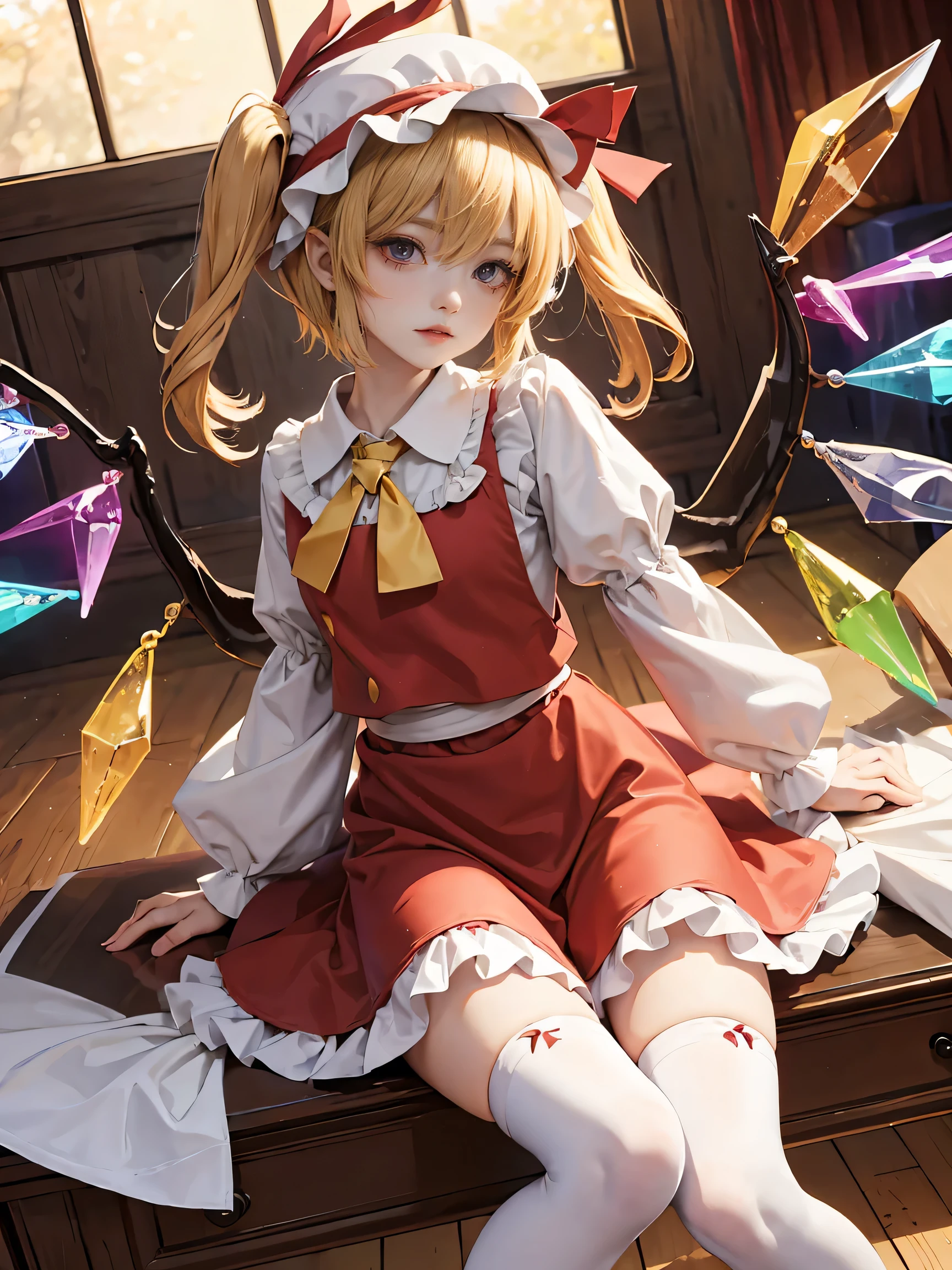 Flandre Scarlet、Touhou Project、Knee-high socks、Drawers、Crouch、lovely、slender、Western-style building