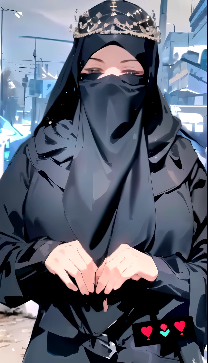 a woman in a black hijab making a heart with her hands, beautiful burqa's woman, face is wrapped in a black scarf, burka, wearing black clothes and cape, woman in black robes, hijab, wearing black robe