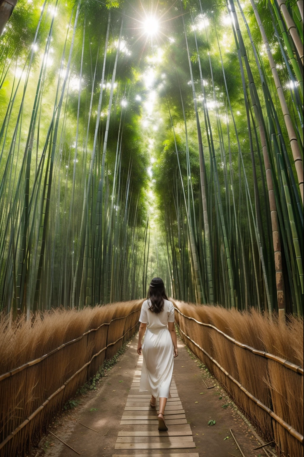 A beautiful woman is walking through a bamboo forest, Basking in the warm sunlight filtering through a canopy of tall bamboo leaves lining the walkway. The sunlight reflected dappled patterns on her white skin.。 A woman's long golden curly hair cascading down her shoulders, Highlighting her delicate features、Enhance your radiant smile. She is wearing a simple but elegant sundress., The hem flutters gently in the breeze. In her hands, She is carrying a bouquet of wildflowers that she picked from a nearby garden., (Full body portrait:1.4),