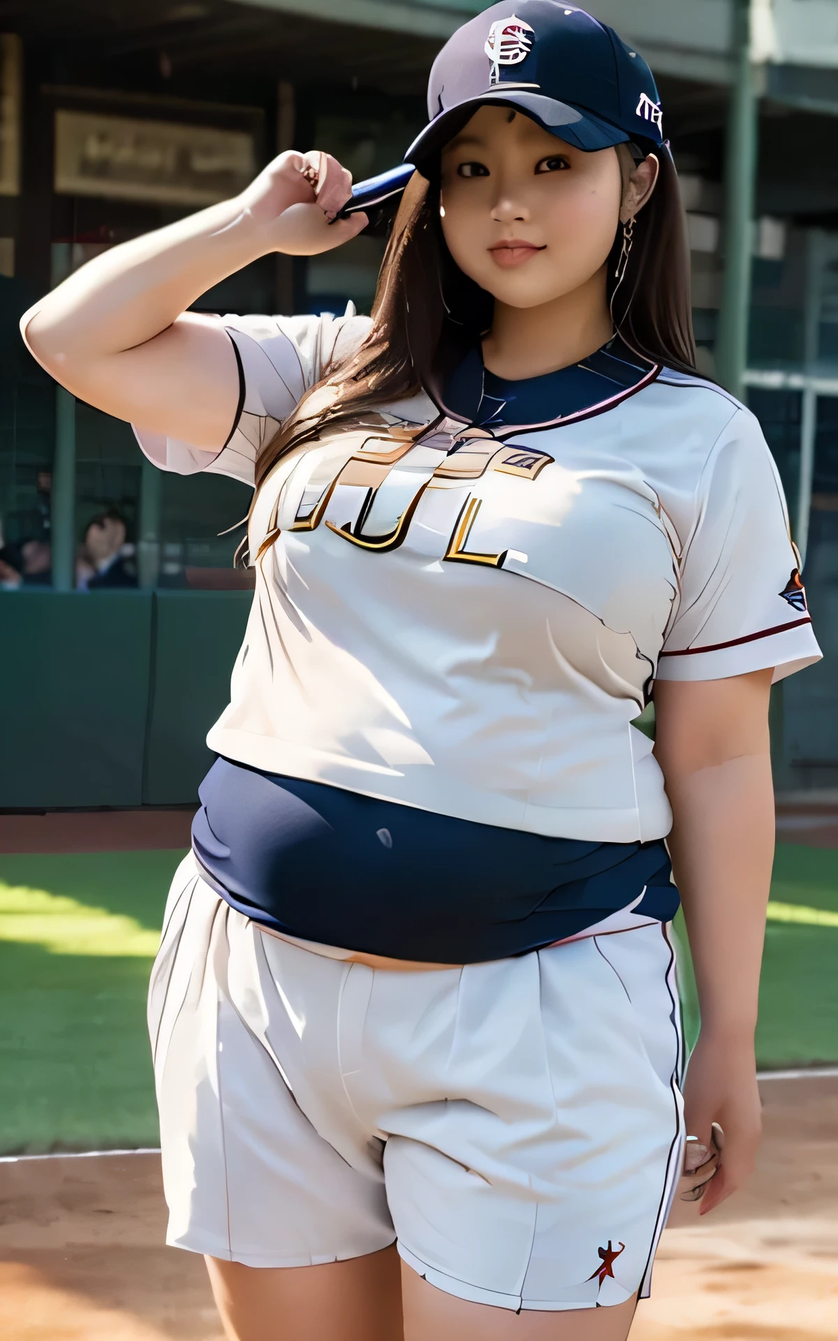 1 female、Overweight、Extremely fat、((chubby))、japanese, baseball, baseball uniform, baseball Ground, 4k, High resolution, masterpiece, highest quality
