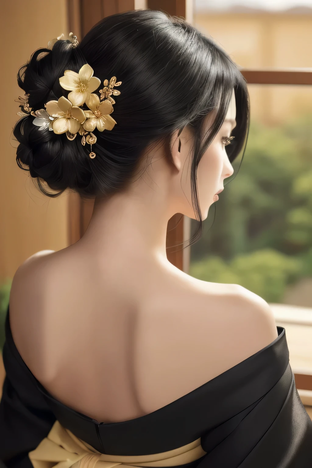 (masterpiece, highest quality, highest quality, Official Art, beautifully), One girl, alone, kimono, hair ornaments, Black Hair, Off the shoulder, From behind, flower, View Viewer, indoor, (hair ornamentsのクローズアップ:1.4)