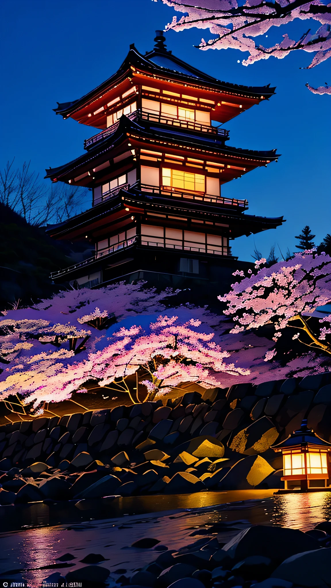 A photo of Takizakura in Miharu, Fukushima, Under the gentle light of the crescent moon at night. They aim to capture the enchanting beauty of the scene..very beautiful cherry blossoms