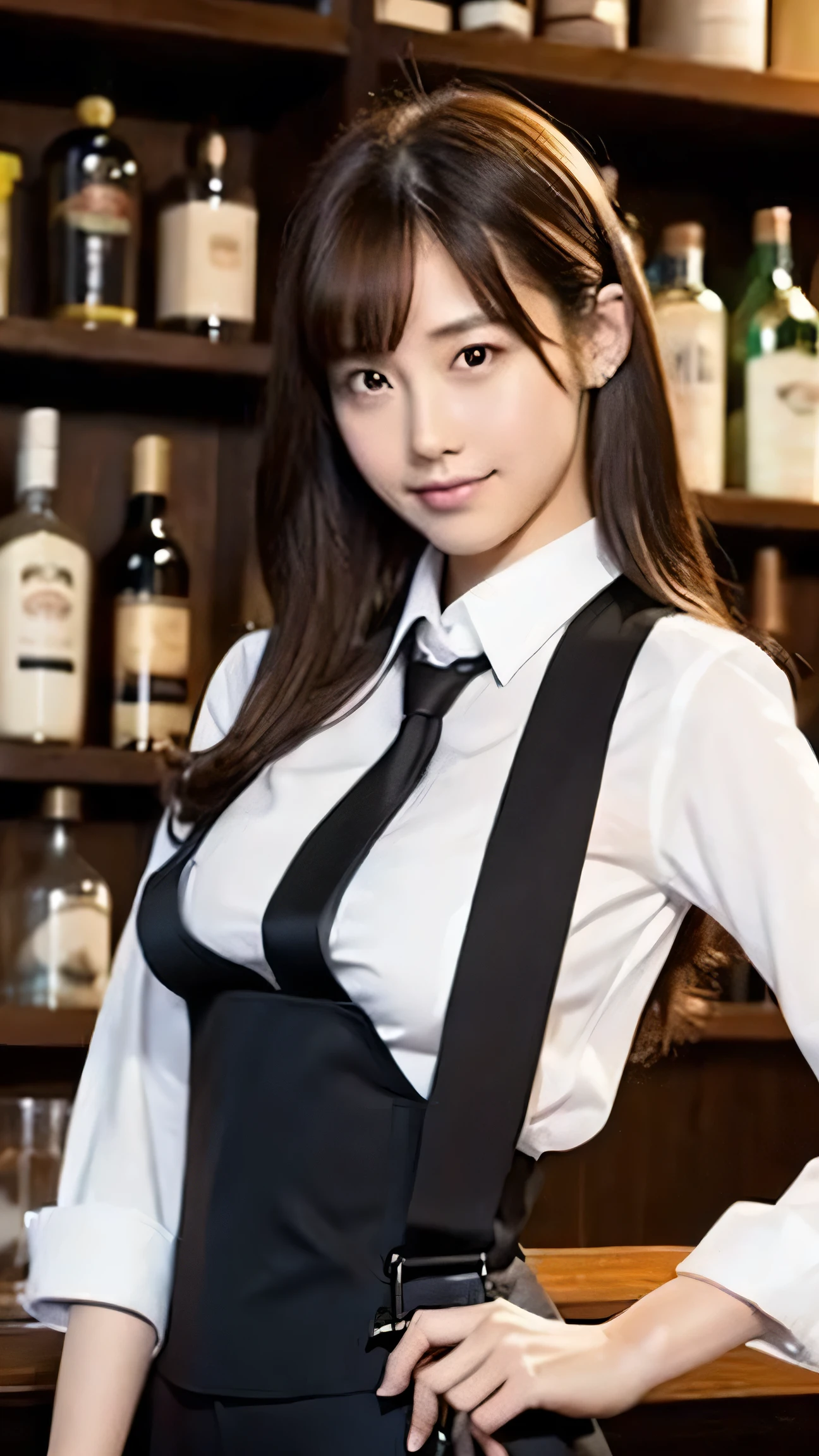 bartender、Behind the bar counter、Facing forward、looking at the camera、smile、masterpiece、Flat Color、Depth of written boundary、Lens Flare 1 Girl、、Brown Hair、Staring at the audience Black suspenders Big ample breasts Armpit sweat sweating Sides of both hands wall: Black trousers, black jacket holster Leg Holster sight Small face Bans suit Dress shirt