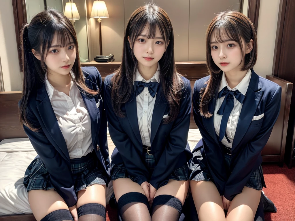 muster piece, best quality, illustration, Super detailed, fine details, High resolution, 8K,wall paper, perfect dynamic composition,(Details High quality, realistic depiction of eyes:1.3), ((2 girls, 2 schoolgirls)), The background is a luxury hotel room、High school girl uniform、blazer 、Super Short Check Uniform Skirt、Navy blue high socks、garterbelts、Colossal tits、Disturbed uniform, Play with each other,Touching each other's bodies,Touching the body of the girl next door, short bob hair, black hair color, huge breasts, Big Natural Color Lip, bold sexy pose, (perfect body shape), crying a little、cold gaze, Beautiful makeup,glitter makeup,Cutest 18 years old, beautiful legs, hposing Gravure Idol, Voluptuous thighs