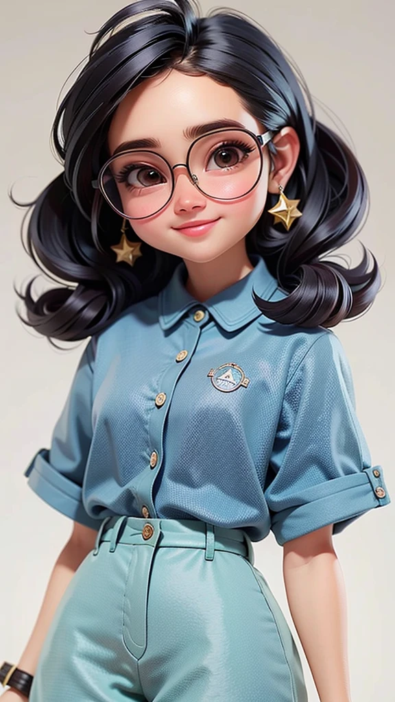  cute girl, cabelo mesclado, solto, modern accessories , Eyeglasses, olhos detalhados, sorriso detalhados, detalhes detalhados, Holographic,  fundo claro e simples