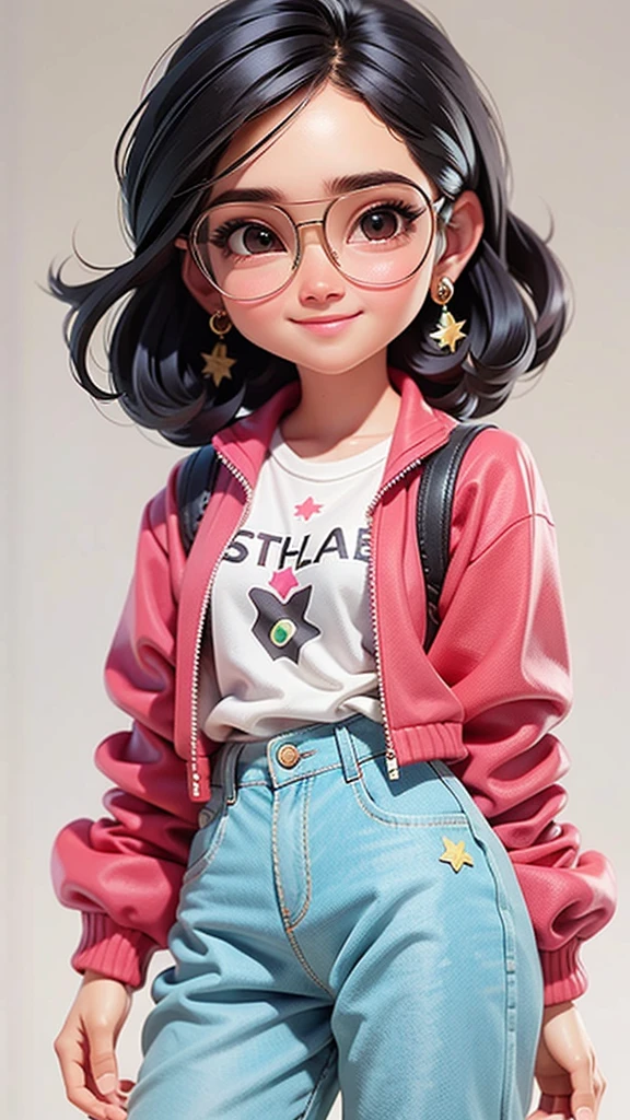  cute girl, cabelo mesclado, solto, modern accessories , Eyeglasses, olhos detalhados, sorriso detalhados, detalhes detalhados, Holographic,  fundo claro e simples