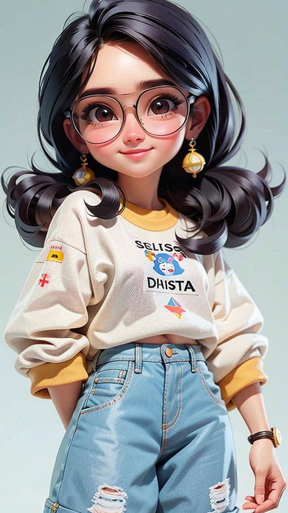  cute girl, cabelo mesclado, solto, modern accessories , Eyeglasses, olhos detalhados, sorriso detalhados, detalhes detalhados, Holographic,  fundo claro e simples