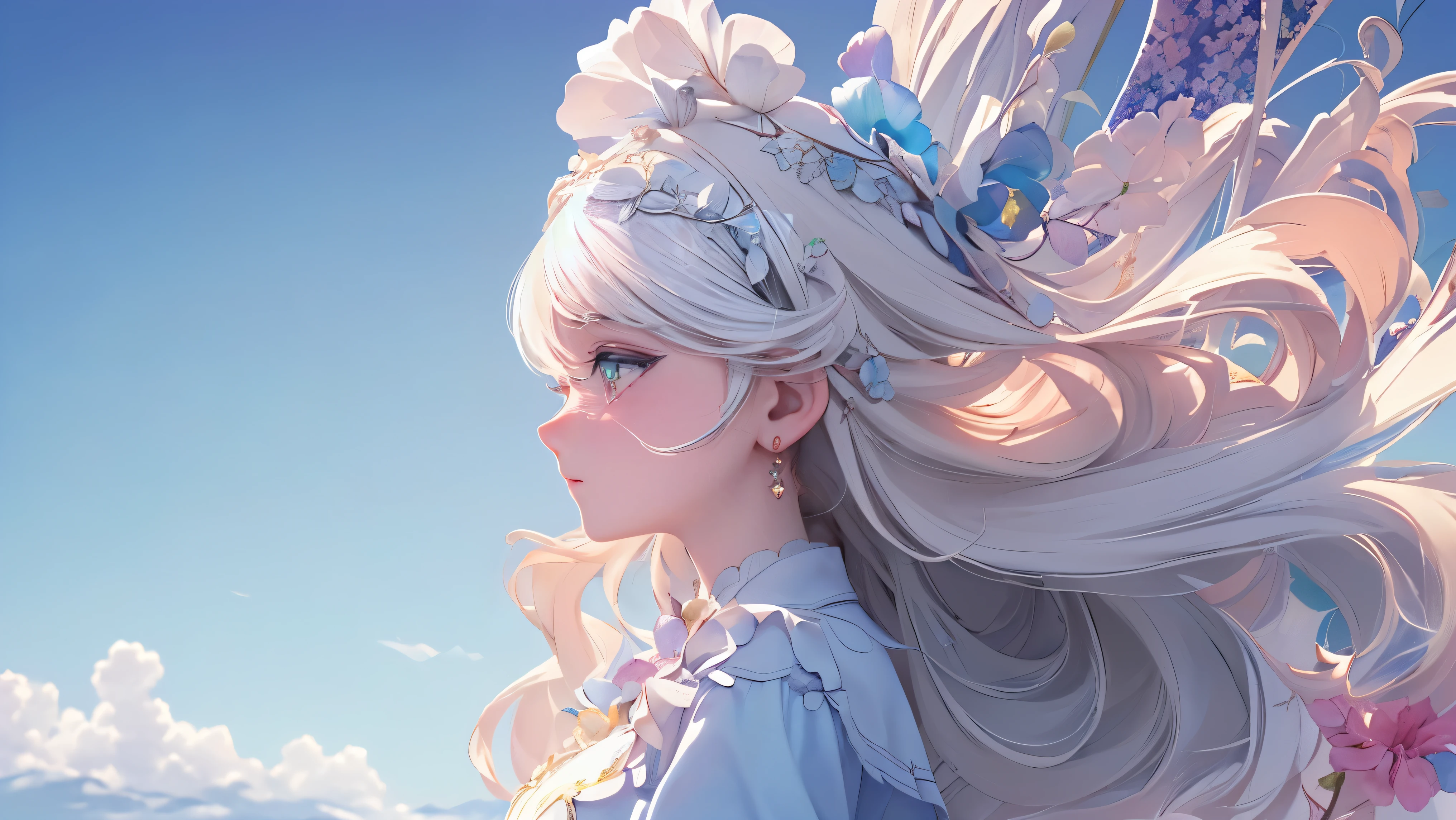 ( Very detailed, Best details, Official Art, Beauty and aesthetics: 1.2), Depth of the written border, composition, whole body, (a bit), (Beautiful and exquisite: 1.3), (wonderful:1), Colorful clouds blurred background,One girl,