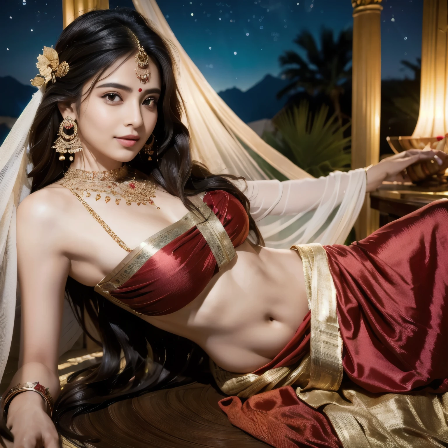 (Top quality, high resolution, accurate, masterpiece, 8k:1.5), (Realistic, Photorealistic:1.3), RAW photo, beautiful princess in indian red gold plated lahenga, necklace, jewelry, hair accessories, long weavy black heavy hair, light makeup, glass skin sleeping in the arms of a handsome king of dark complexion in a royal dhoti and no upper garment, ancient male jewelry.