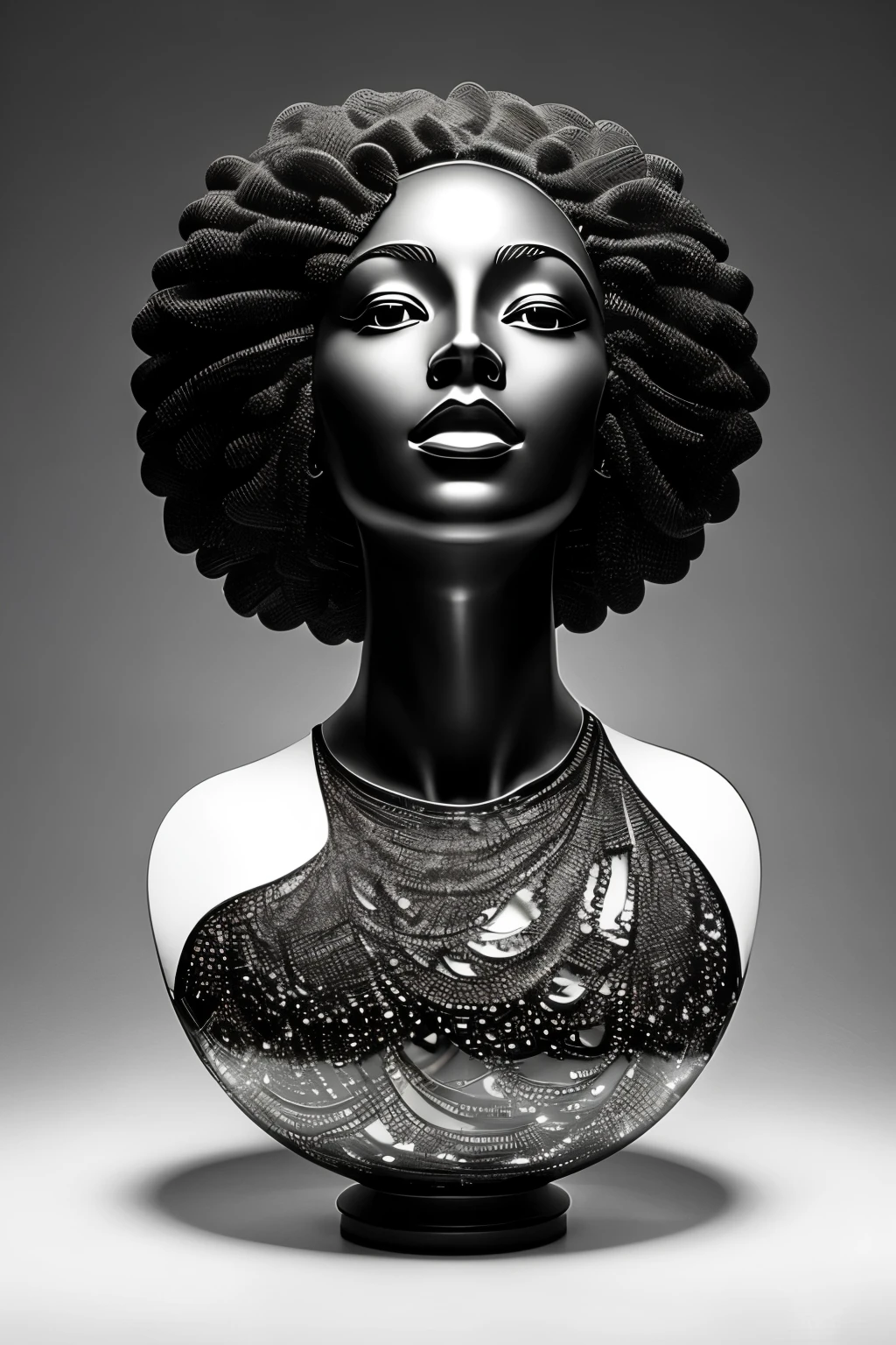 High-resolution, wide-angle shot of a mesmerizing glass sculpture portraying a black woman in the form of a pearl-dressed and pearl-encircled figure, submerged in a dark room. Sunlight pierces through the intricate holes in the walls and ventilators, casting moody chiaroscuro lighting that highlights the delicate contours of the sculpture. The overall image is captured in a style reminiscent of cinematic artistry, providing a captivating visual spectacle. This award-winning masterpiece masterfully blends the aesthetics of contemporary glass art with classic black and white mastery, creating an intricate, high-detail, and