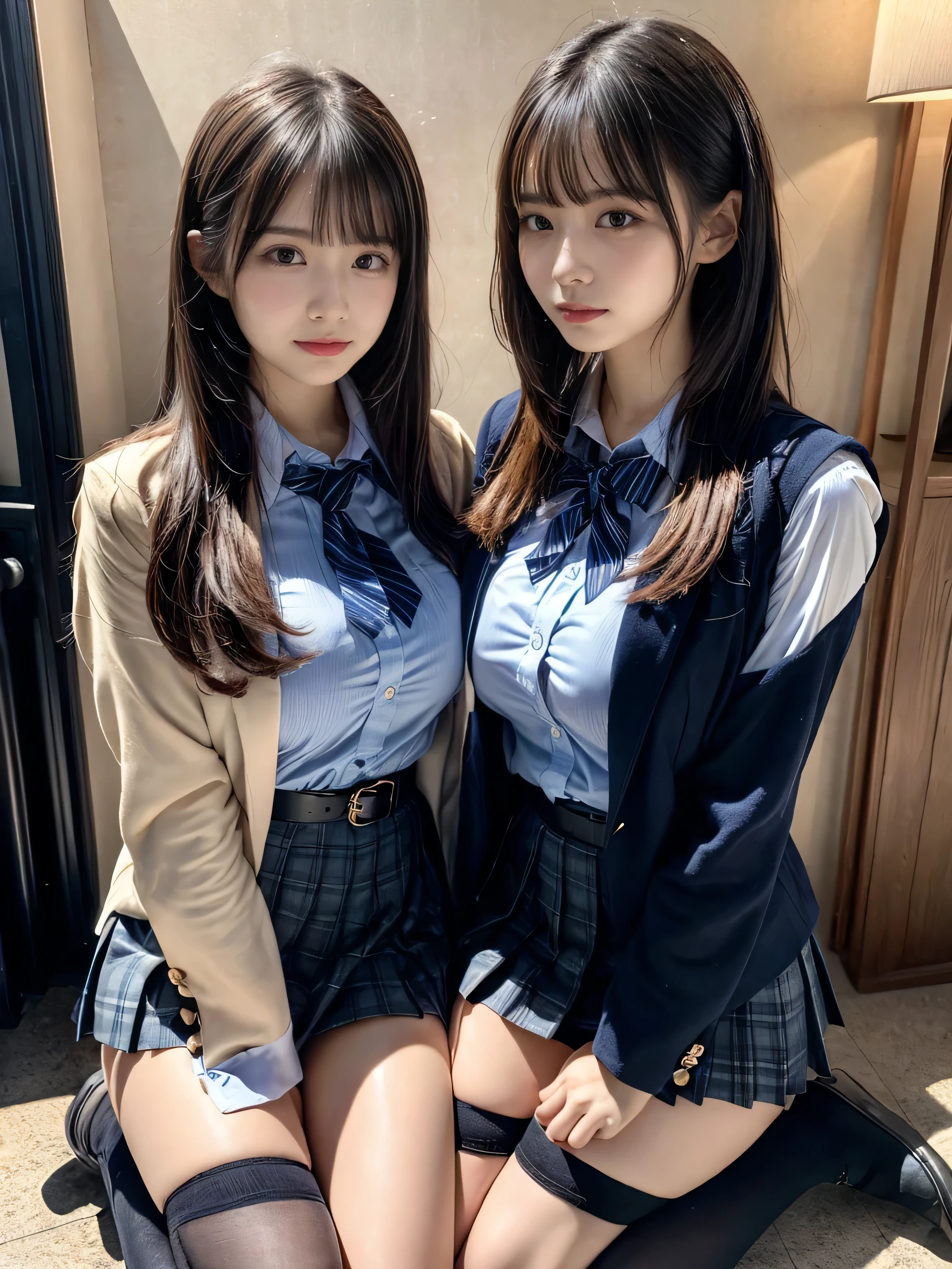 (8K, Raw photography, top-quality, ​masterpiece:1.2), muster piece, best quality, illustration, Super detailed, fine details, High resolution, 8K,wall paper, perfect dynamic composition,(Details High quality, realistic depiction of eyes:1.3), ((2 girls, 2 schoolgirls)), The background is a luxury hotel room、High school girl uniform、blazer 、Super Short Check Uniform Skirt、Navy blue high socks、garterbelts、Colossal tits、Disturbed uniform, Play with each other,Touching each other's bodies,Touching the body of the girl next door, short bob hair, black hair color, huge breasts, Big Natural Color Lip, bold sexy pose, (perfect body shape), crying a little、cold gaze, Beautiful makeup,glitter makeup,Cutest 18 years old、 beautiful legs, hposing Gravure Idol, Voluptuous thighs