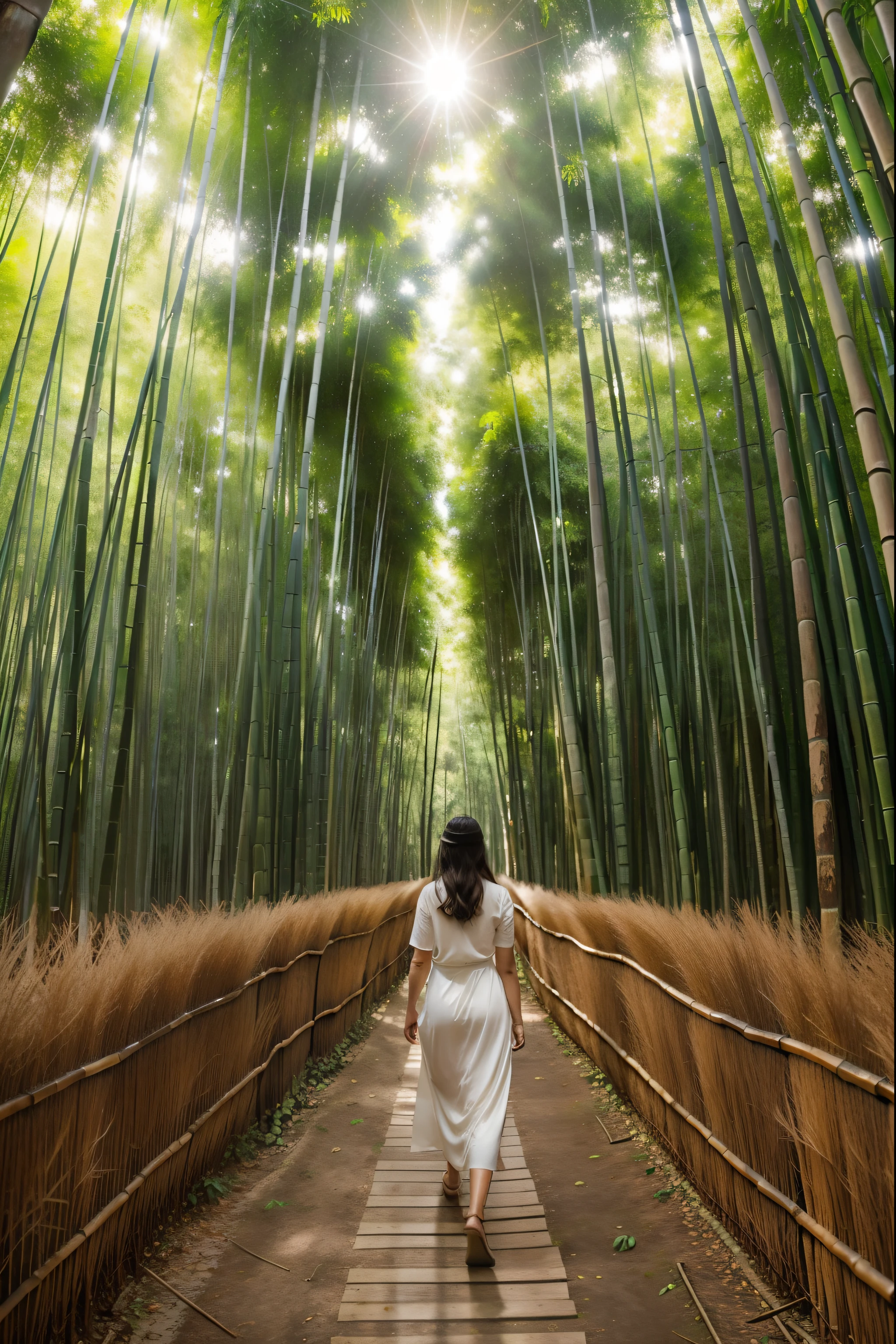 A beautiful woman is walking through a bamboo forest, Basking in the warm sunlight filtering through a canopy of tall bamboo leaves lining the walkway. The sunlight reflected dappled patterns on her white skin.。 A woman's long golden curly hair cascading down her shoulders, Highlighting her delicate features、Enhance your radiant smile. She is wearing a simple but elegant sundress., The hem flutters gently in the breeze. In her hands, She is carrying a bouquet of wildflowers that she picked from a nearby garden., (Full body portrait:1.4),