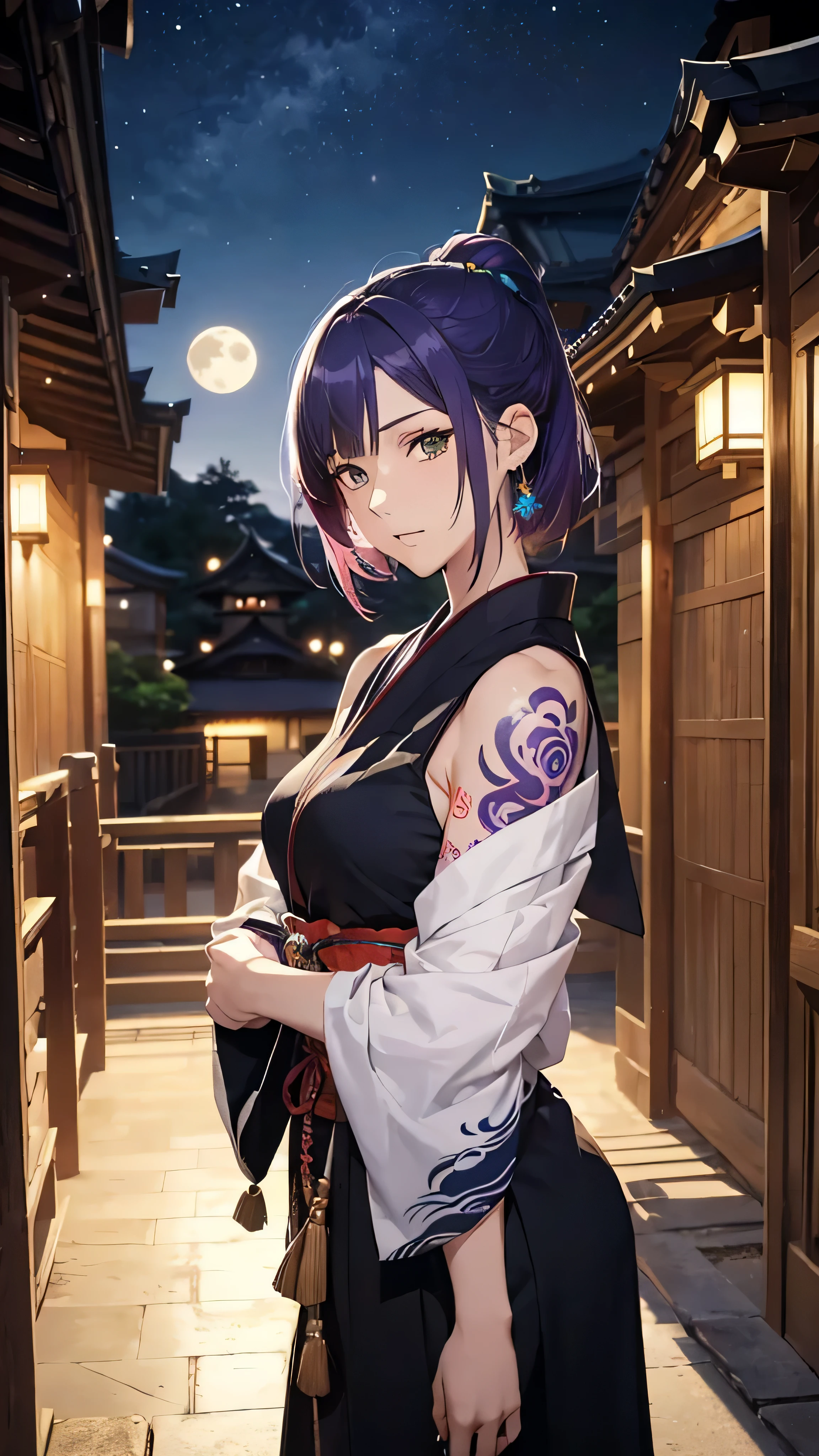 (masutepiece, of the highest quality, Best Quality, Official art, Beautiful and aesthetic:1.2),  Extremely detailed,(Colorful:1.1),highest details, one arafed woman with purple hair and green eyes, japanese tattoo sleeve on her right arm, samurai armor, sfw, japanese temple, night, blue moon