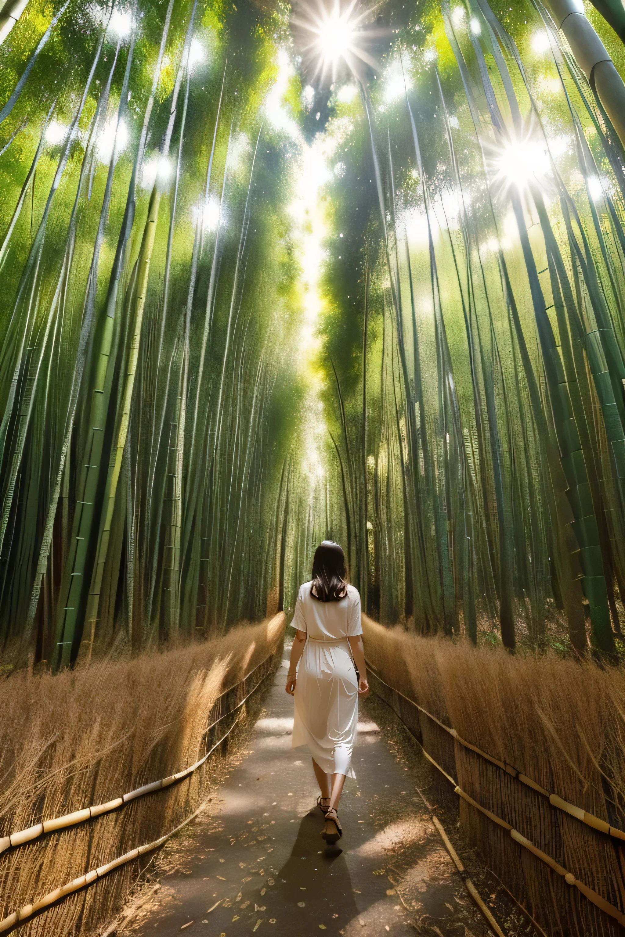 A beautiful woman is walking through a bamboo forest, Bask in the warm sunlight filtering through a canopy of tall bamboo leaves. The sunlight reflected dappled patterns on her white skin.。 A woman's long golden curly hair cascading down her shoulders, Highlighting her delicate features、Enhance your radiant smile. She is wearing a simple but elegant sundress., The hem flutters gently in the breeze. In her hands, She is carrying a bouquet of wildflowers that she picked from a nearby garden., (Full body portrait:1.4),