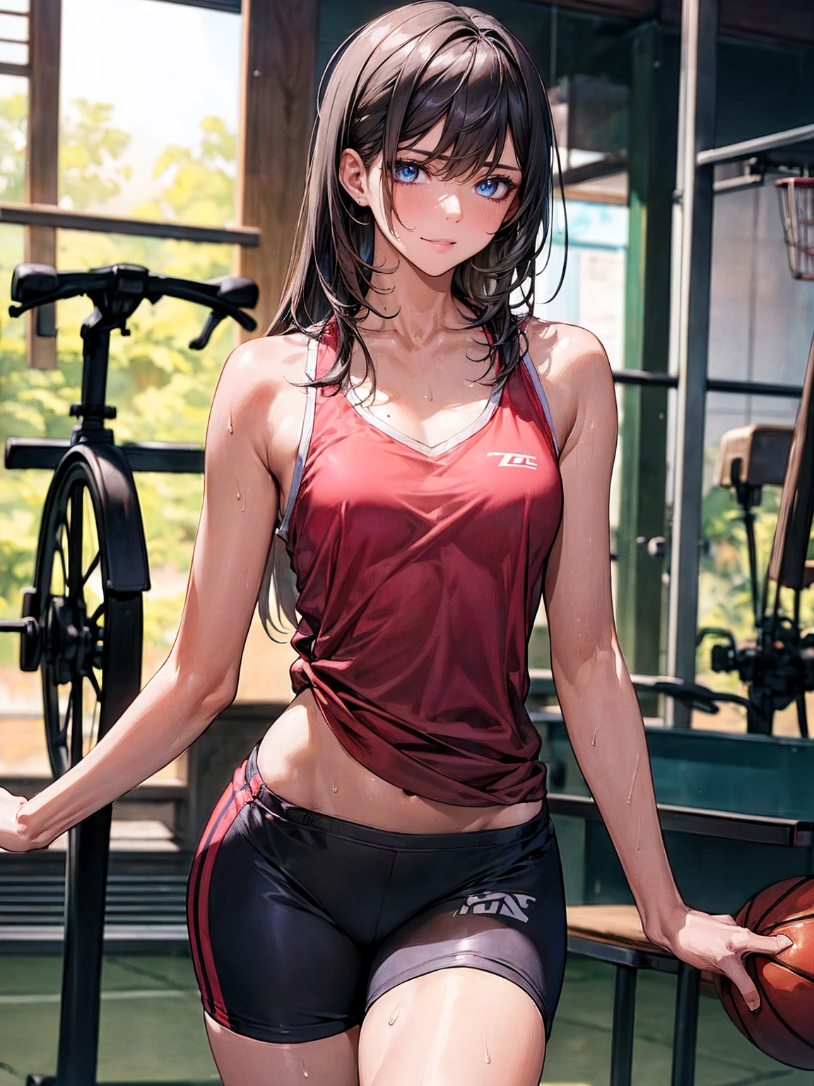 ((Perfect Anatomy:1.2,Realistic,:1.3,Raw photo:1.3,masterpiece、highest quality、Ultra - High resolution、High resolution、Extremely detailed CG、8k, Perfect balance of the female body)),1 female,alone,Sexy adult beauties,((Beautiful and exquisite face and eyes,Big and beautiful eyes)), smile,(chest,Bike Shorts,油性skin,skin,Sweat:1.4),( Basketball Uniform:1.5、 Sweatshorts,),Dance Practice、Turn your body towards the viewer、Gym、Sexy female body, 柔らかいchest, 弾力感のあるchest, 魅力的なchestの描写