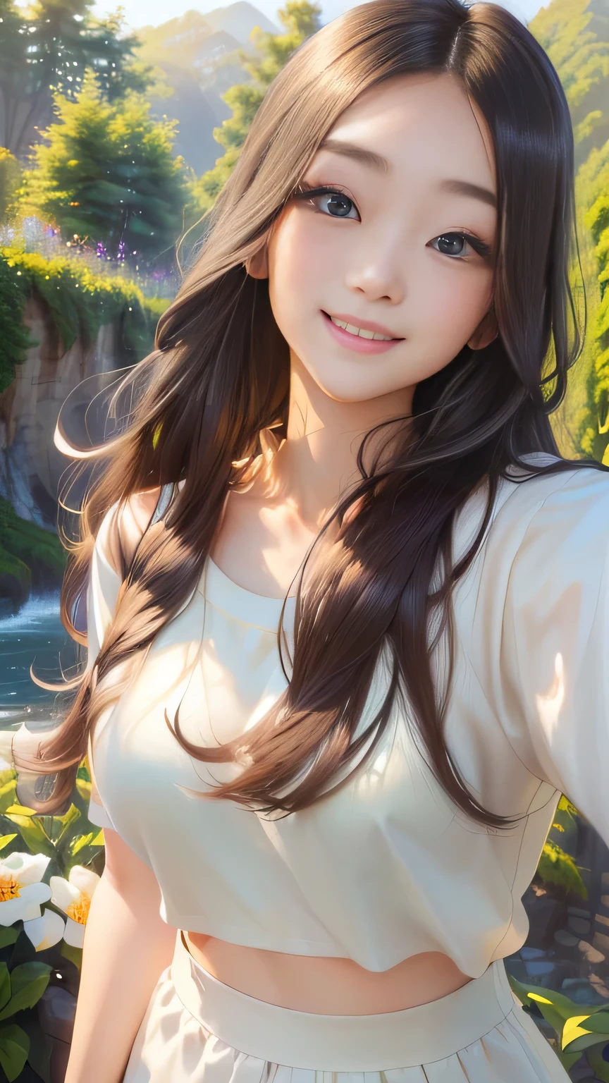 Full body angle、((highest quality, 8K, masterpiece:1.3)), concentrated:1.2, Perfect body beauty:1.4, Hips:1.2, ((Delicate Hair)), (Colorful T-shirts、Shorts、pajamas、 :1.1) , ((highest quality、8K、masterpiece:1.3))、1 Girl、A sloppy smile、Esbian all over、Slim face、Big 、Beautiful woman、(Dark Brown Hair)、Long Hair、1.1、Flickering Valley、Detailed eyes、double eyelid、Blurred Background、超Slim face、Smile、Looking down、
