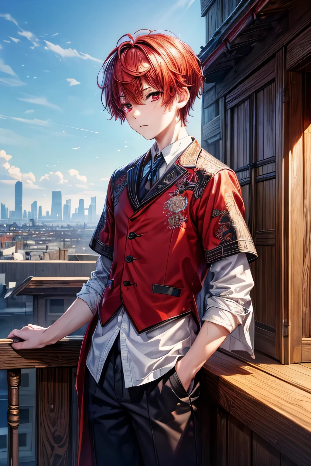 (masterpiece, top quality, best quality, official art, aesthetic:1.2), (1boy:1.3), extremely detailed,(fractal art:1.2),colorful, highest detailed, wallpaper,red eyes, short comma haircut, red hair, (sad, sadness expression, sadness face), school outfit, (cowboy shot), in rooftop school, looking out