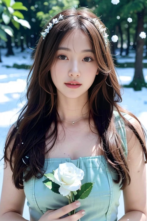 1girll, Solo, flower, long whitr hair, The ultra-realistice, Top lighting rendering,Green Forest Park, Holding, holding flower, Brown hair, Look to the lens, The background is blurred out, Moles under eyes, Blurry, dark mole, The upper part of the body, Brown eyes, flor branca, Wear a delicate and beautiful garland on your head, Lips, White rose, ,Enjoy the afternoon sun,8K Raw photograph, Butterflies around the body, Dream baby, ((A little snow on the nose)), giwo, Sweet smile