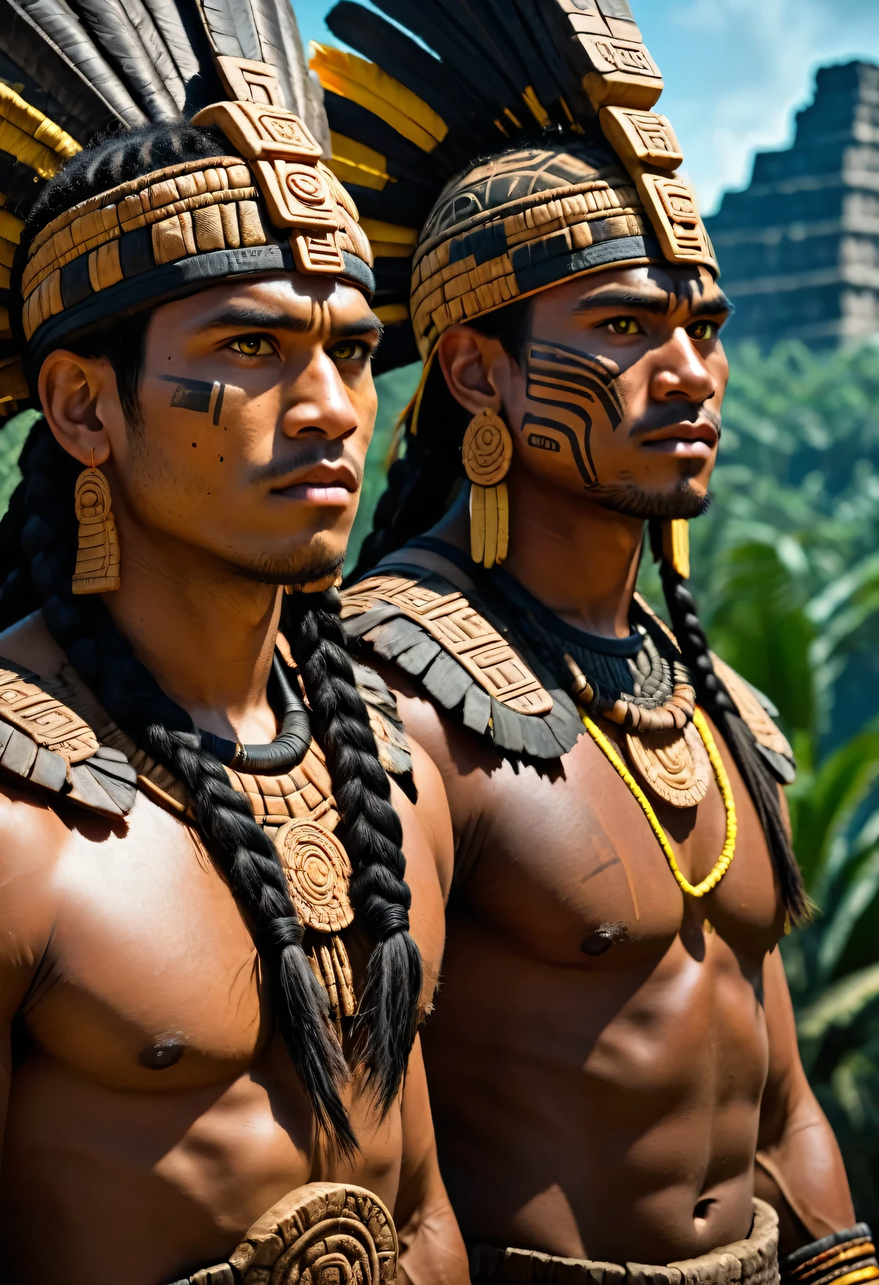 （masterpiece，Best quality，Super Fine，Best shadow），（Two Mayan warriors take a photo together，Dark skin，Yellow eyes，Black braids，Mayan clothing），（Background details，Close-up，Sky，Salama，Mayan civilization，Mayan Pyramids，forest，jungle，serious，anger），（Facial details，Male characteristics，Strong jawline），（Optimal lighting），（light），colorful，Dramatic light，Intricate details