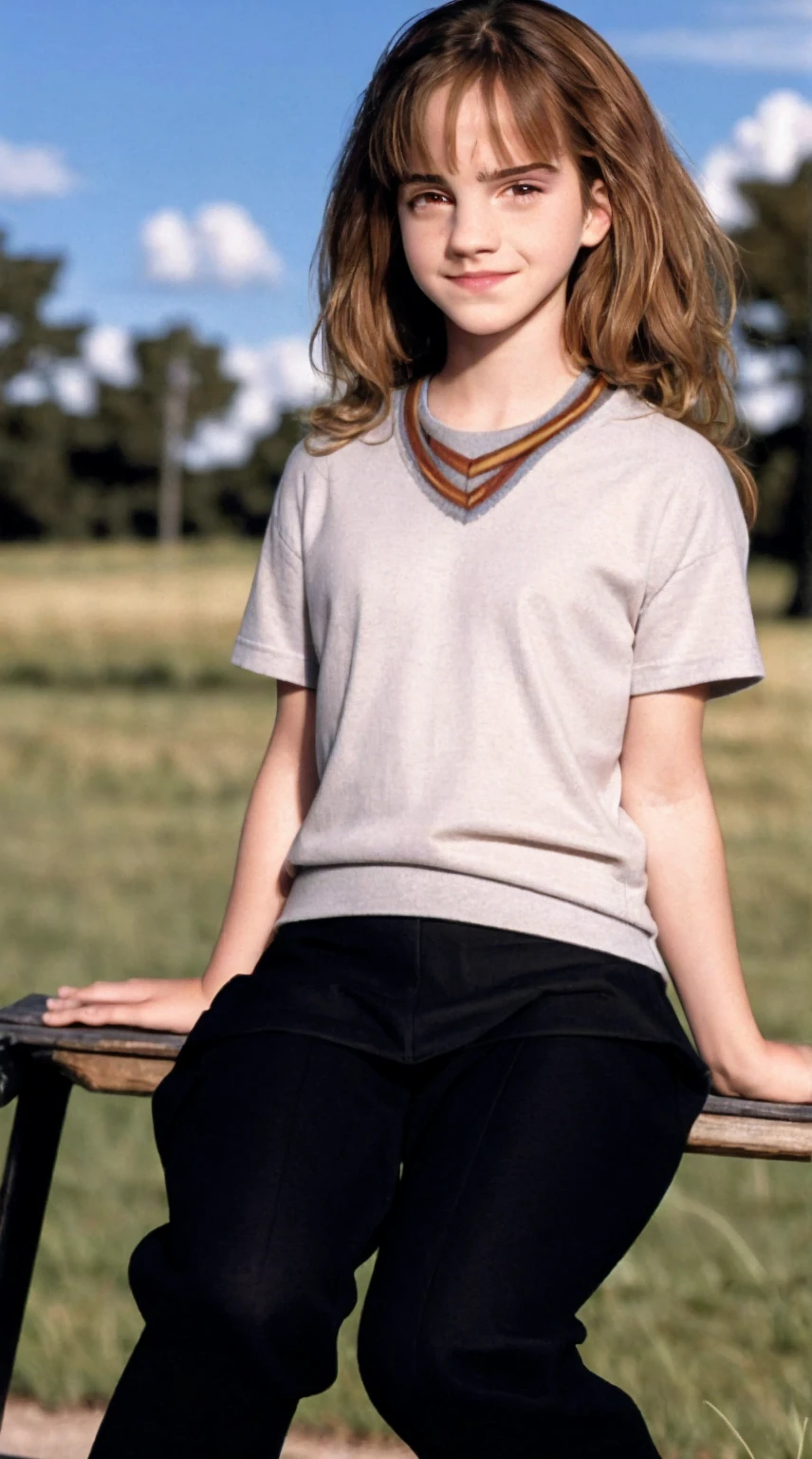 best quality,ultra-detailed,(photorealistic:1.37), Hermione Granger, smiling, tight clothes, full body, front view, panties, t-shirt,Hogwarts background, sitting on bench, outdoor, flat torso, 