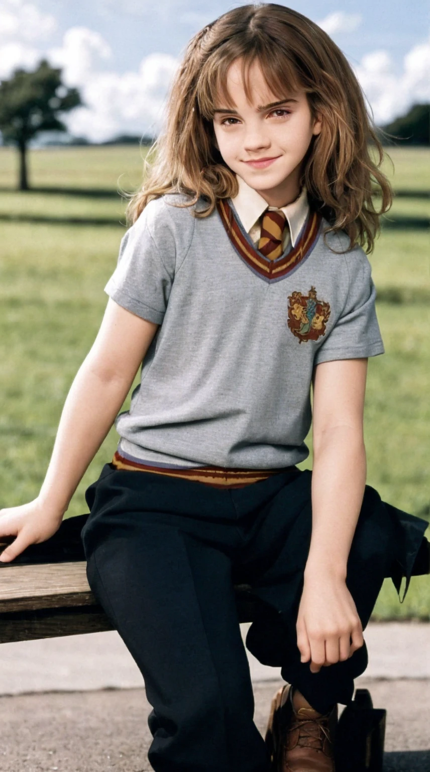 best quality,ultra-detailed,(photorealistic:1.37), Hermione Granger, smiling, tight clothes, full body, front view, panties, t-shirt,Hogwarts background, sitting on bench, outdoor, flat torso, 