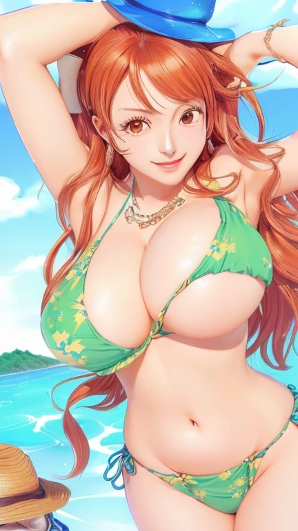  girl in bikini with a hat on her head, oppai, nami one piece, beautiful portrait of nami, marin kitagawa fanart, nami from one piece, nami, oppai proportions, by Kentaro Miura, from one piece, thicc, big breasts!, swimsuit, [ 4 k digital art ]!!, seductive girl