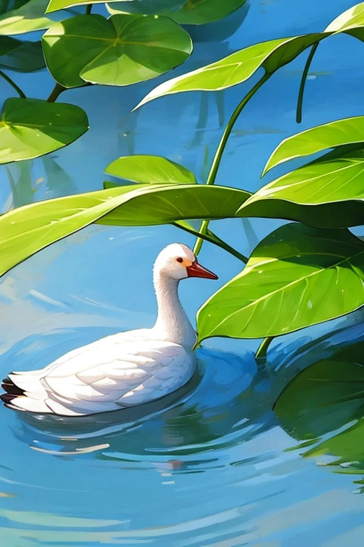 goose，Singing to the Sky。White hair floating on green water，Anthurium
